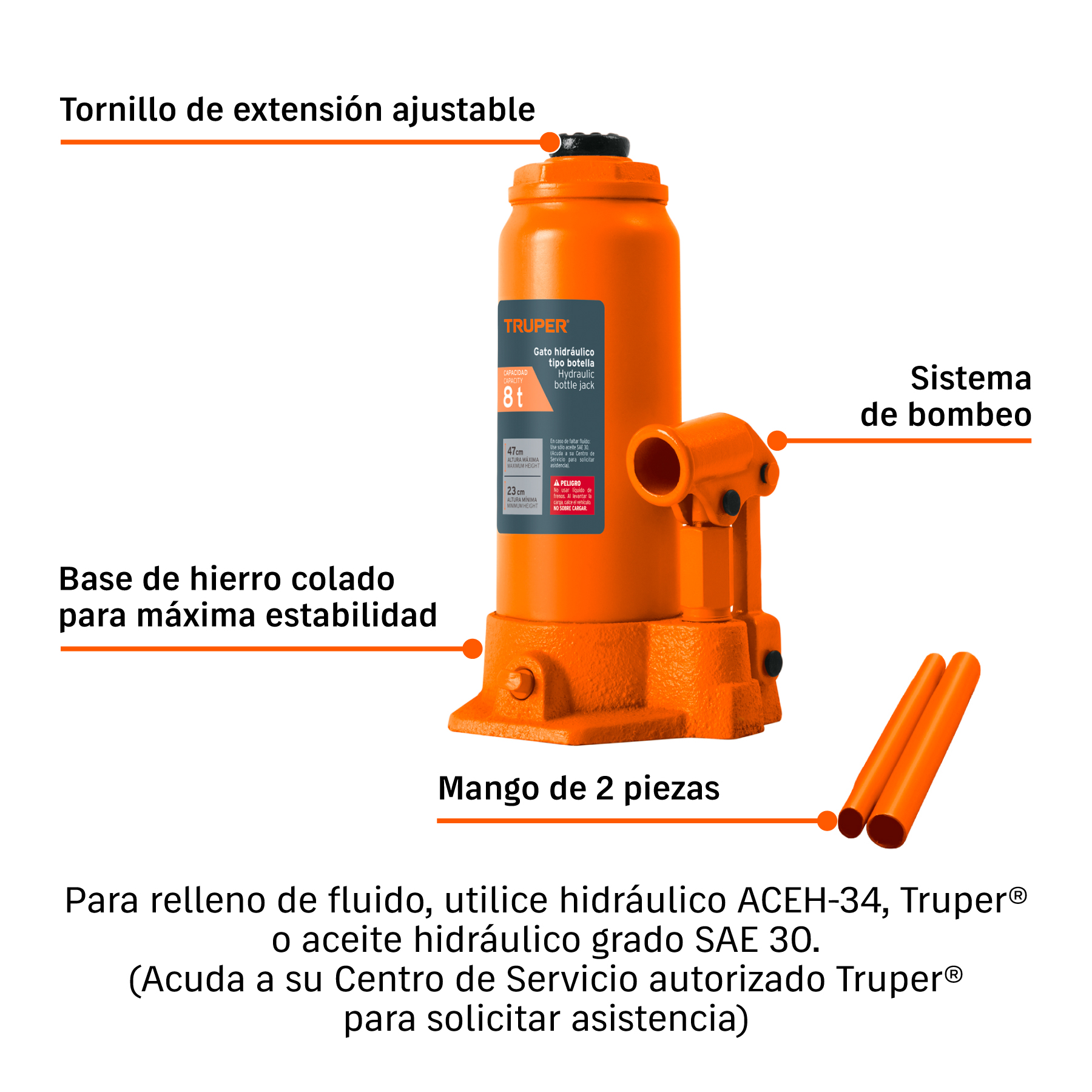 Gato hidráulico de botella de 8 Ton, TRUPER TRUPER