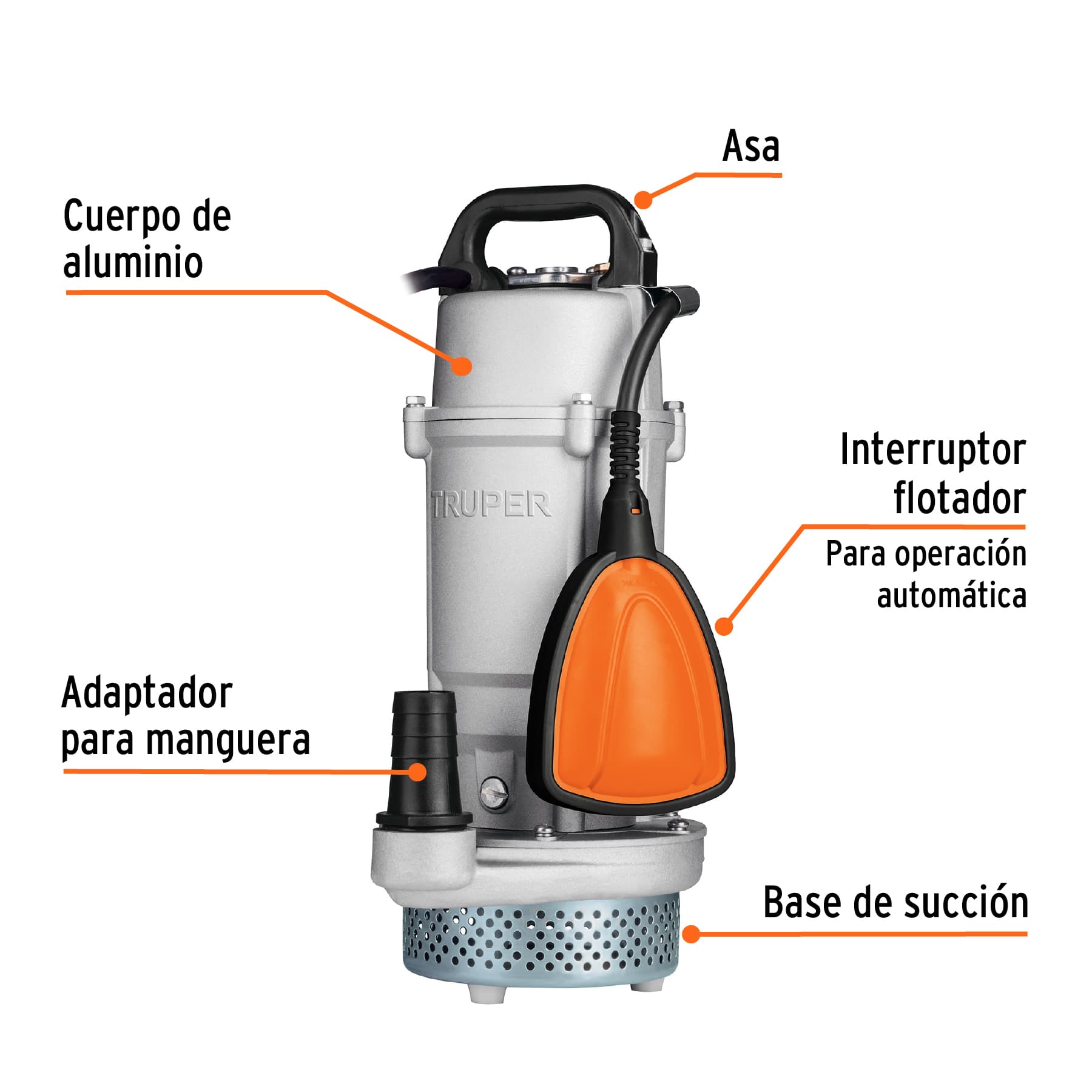 Bomba sumergible cubierta aluminio,agua limpia,1/2HP, TRUPER TRUPER