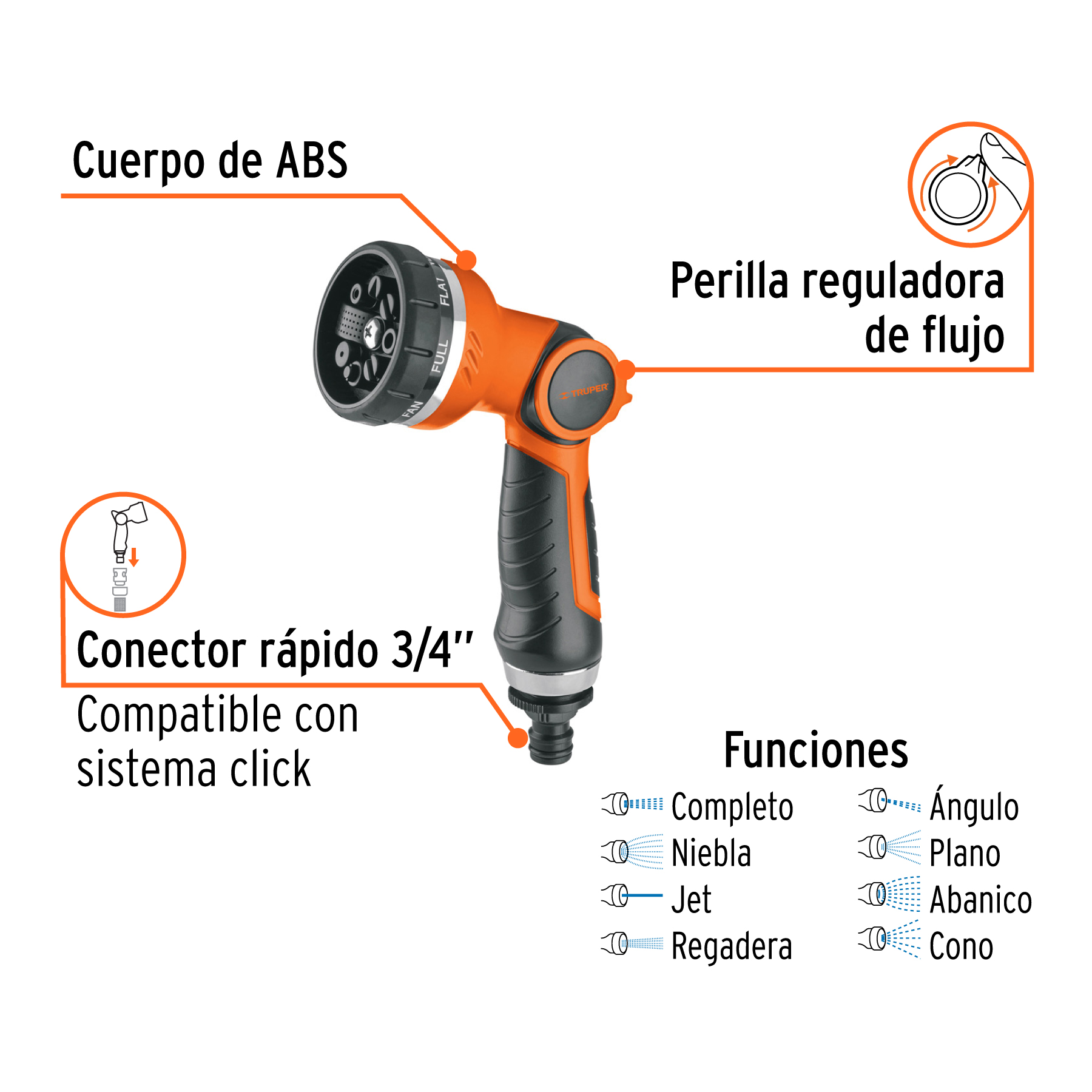 Pistola para riego de 8 funciones plástica, TRUPER TRUPER