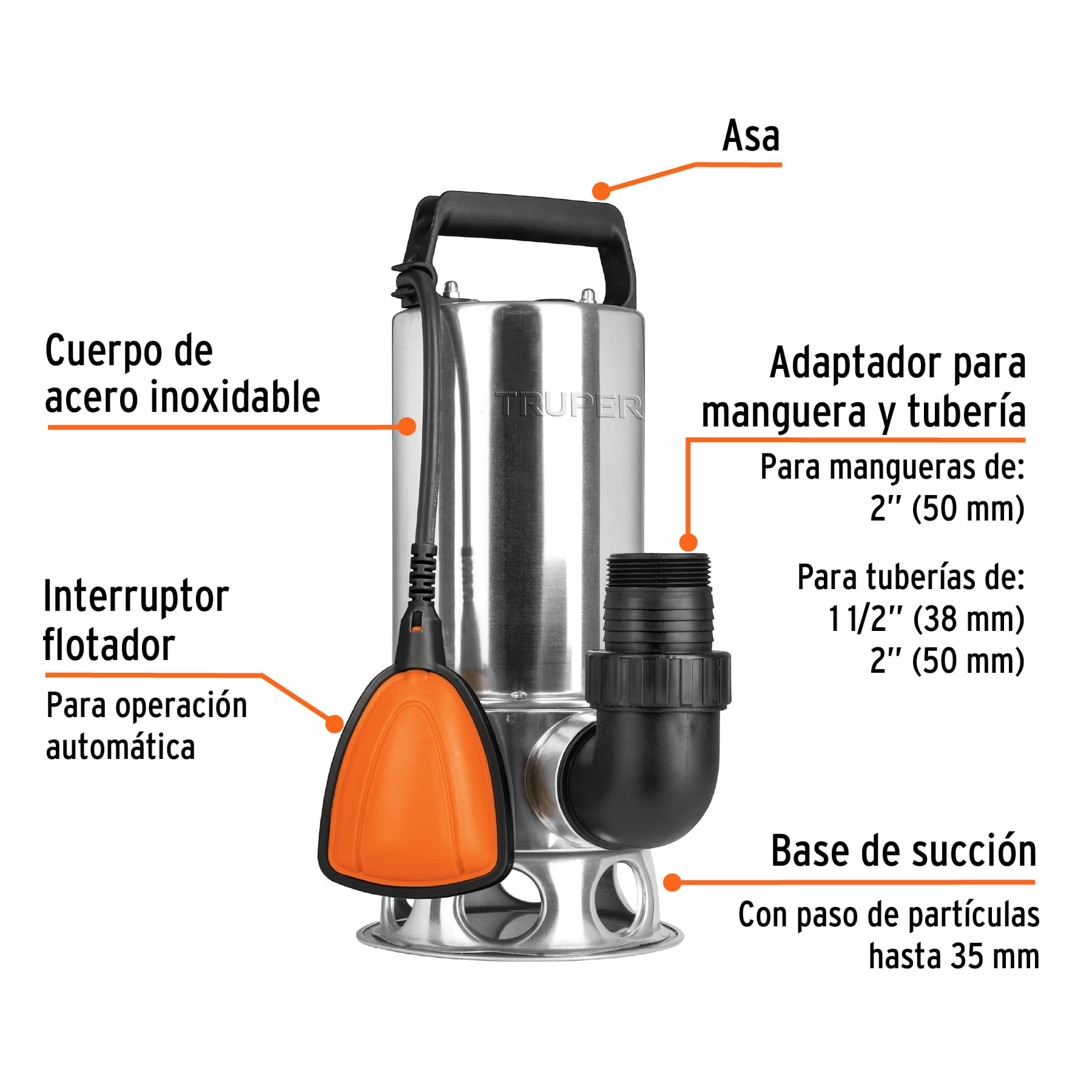 Bomba sumergible acero inoxidable,agua sucia,1-1/2HP, TRUPER TRUPER