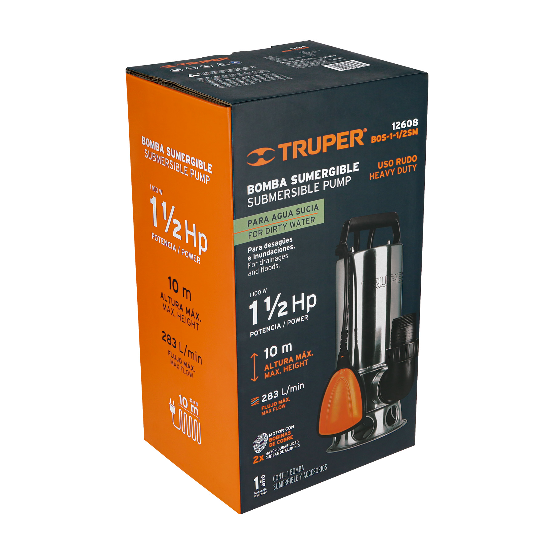 Bomba sumergible acero inoxidable,agua sucia,1-1/2HP, TRUPER TRUPER