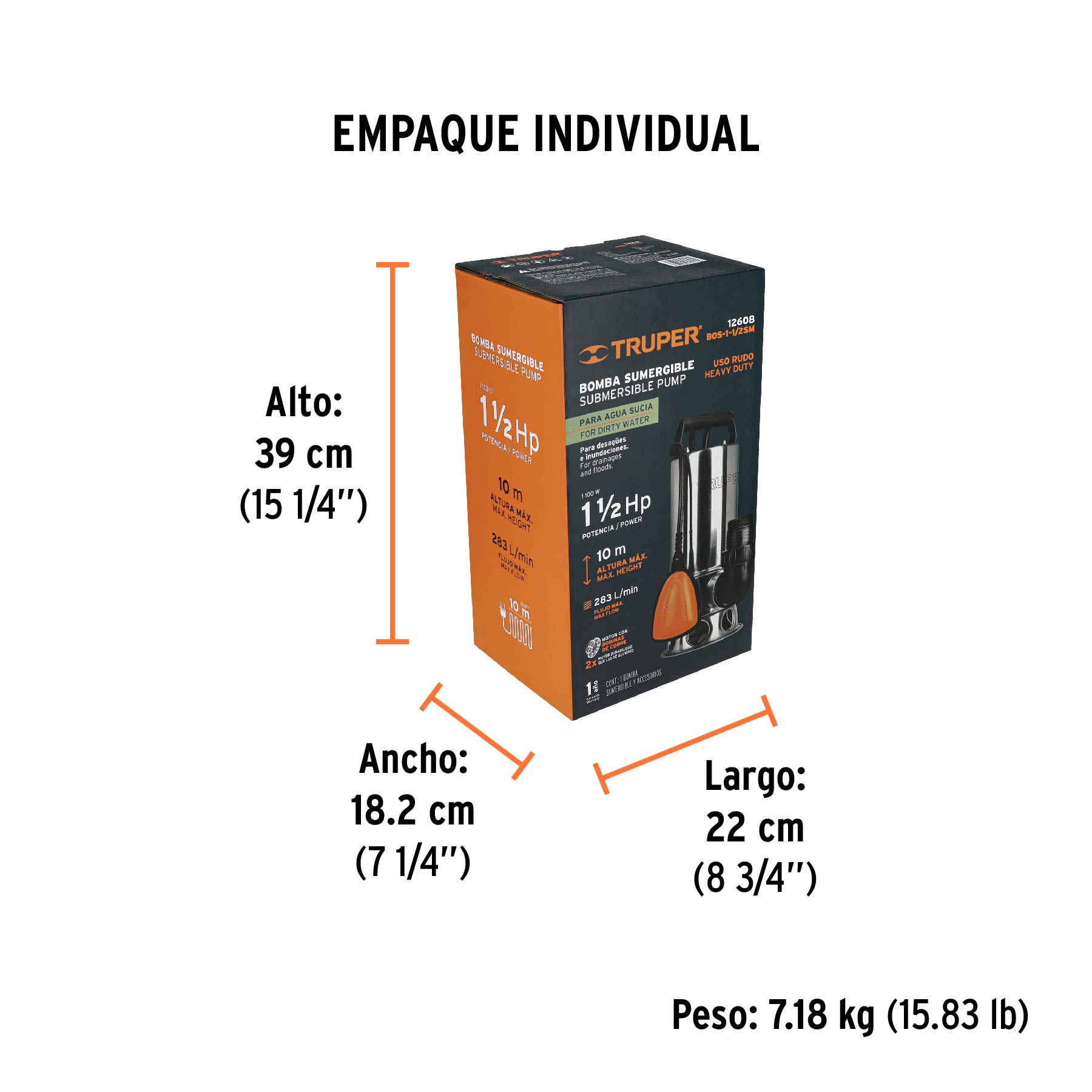 Bomba sumergible acero inoxidable,agua sucia,1-1/2HP, TRUPER TRUPER