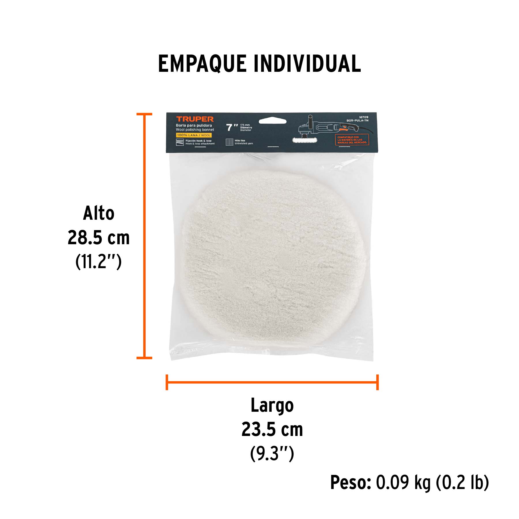 Felpa para pulidora Borla 100% lana de 7", fijación hook and loop, TRUPER TRUPER