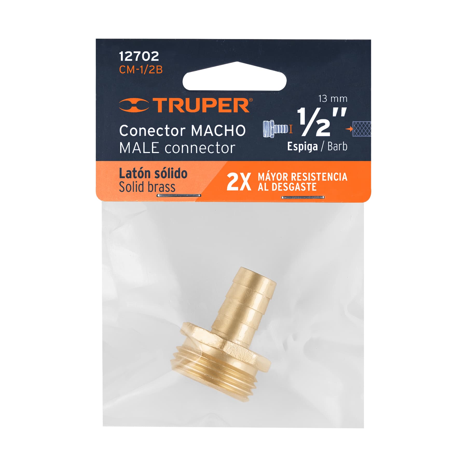 Conector 1/2" macho de latón sólido para manguera, TRUPER TRUPER