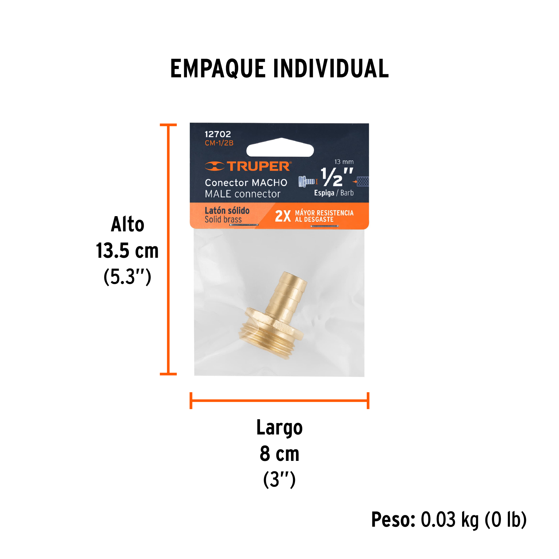 Conector 1/2" macho de latón sólido para manguera, TRUPER TRUPER