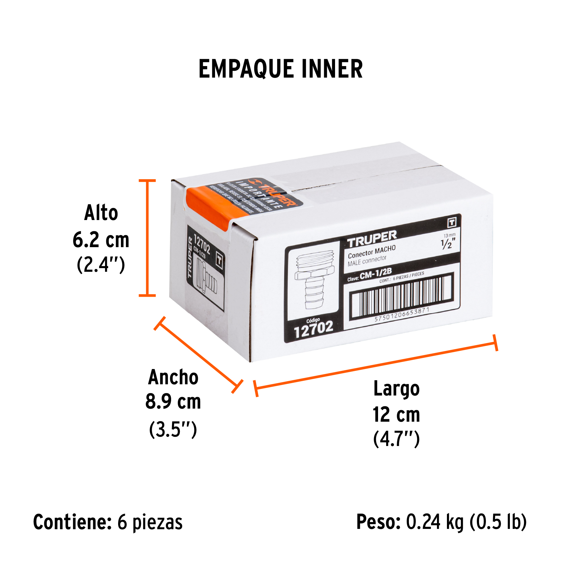 Conector 1/2" macho de latón sólido para manguera, TRUPER TRUPER