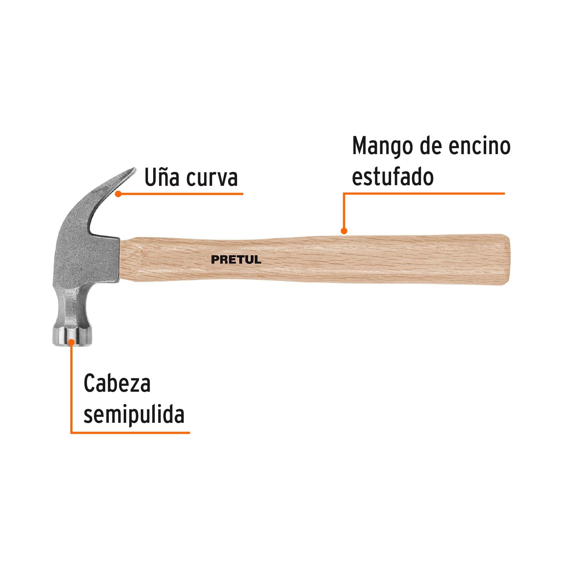 Martillo semipulido, 16 oz, uña curva, PRETUL PRETUL