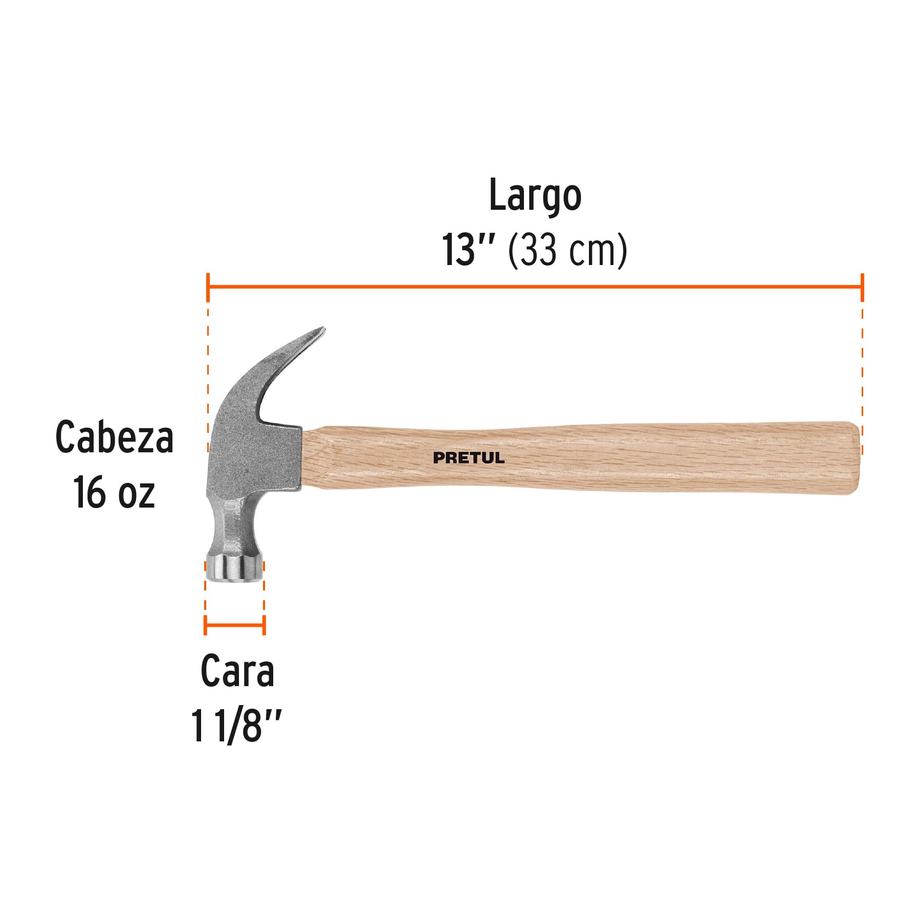 Martillo semipulido, 16 oz, uña curva, PRETUL PRETUL