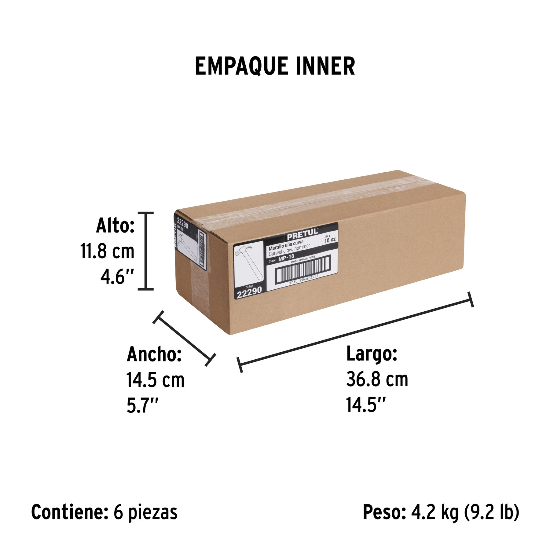 Martillo semipulido, 16 oz, uña curva, PRETUL PRETUL