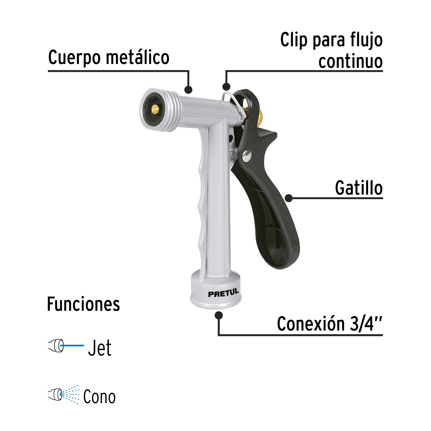 Pistola metálica para riego de 5", 2 funciones, PRETUL PRETUL