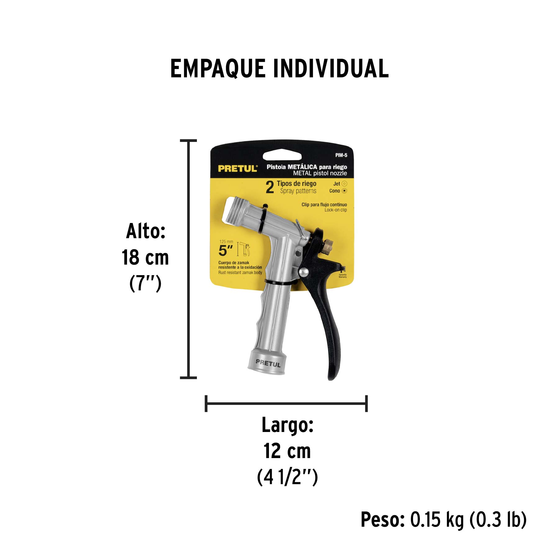 Pistola metálica para riego de 5", 2 funciones, PRETUL PRETUL