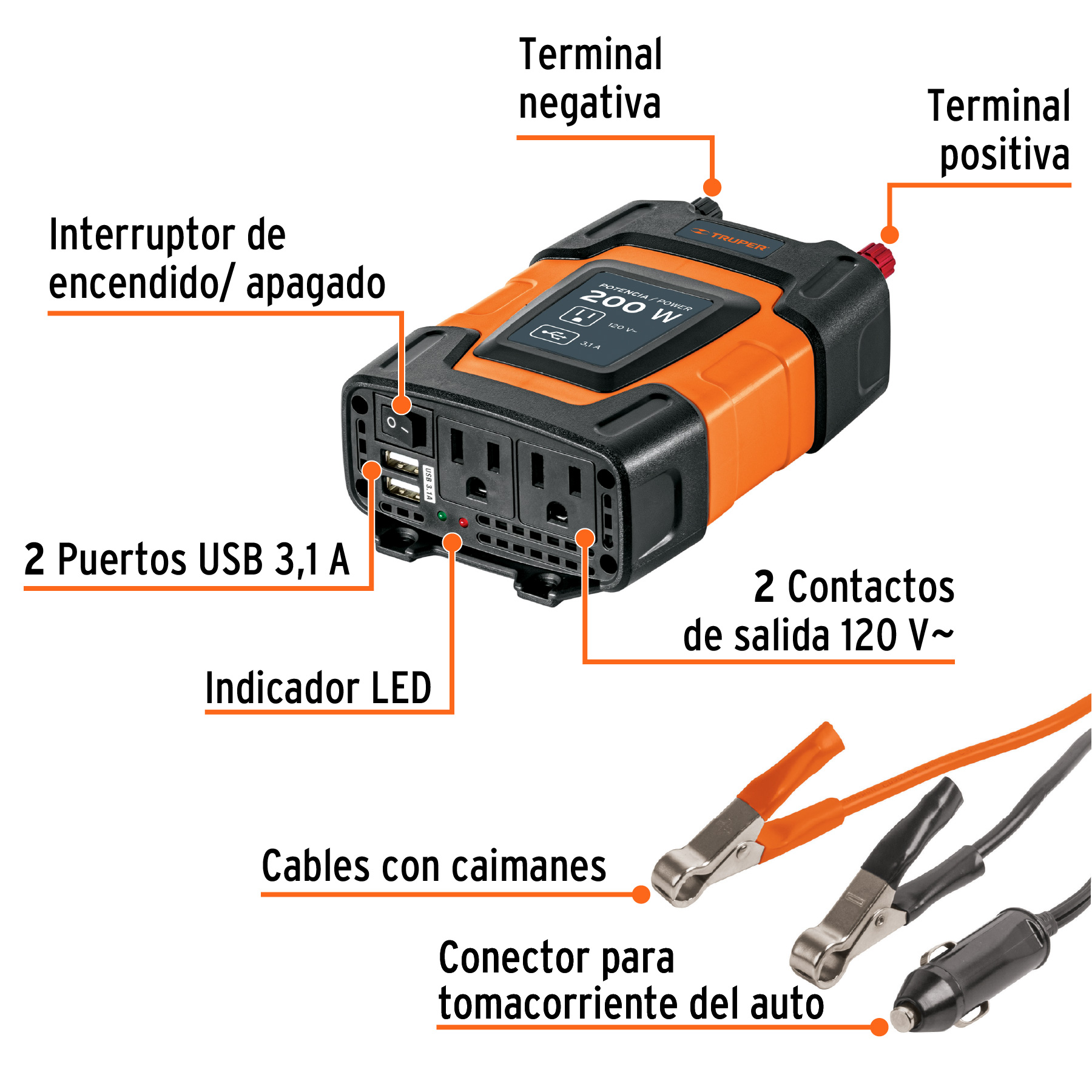 Inversor de corriente de 200 W con puertos USB, TRUPER TRUPER