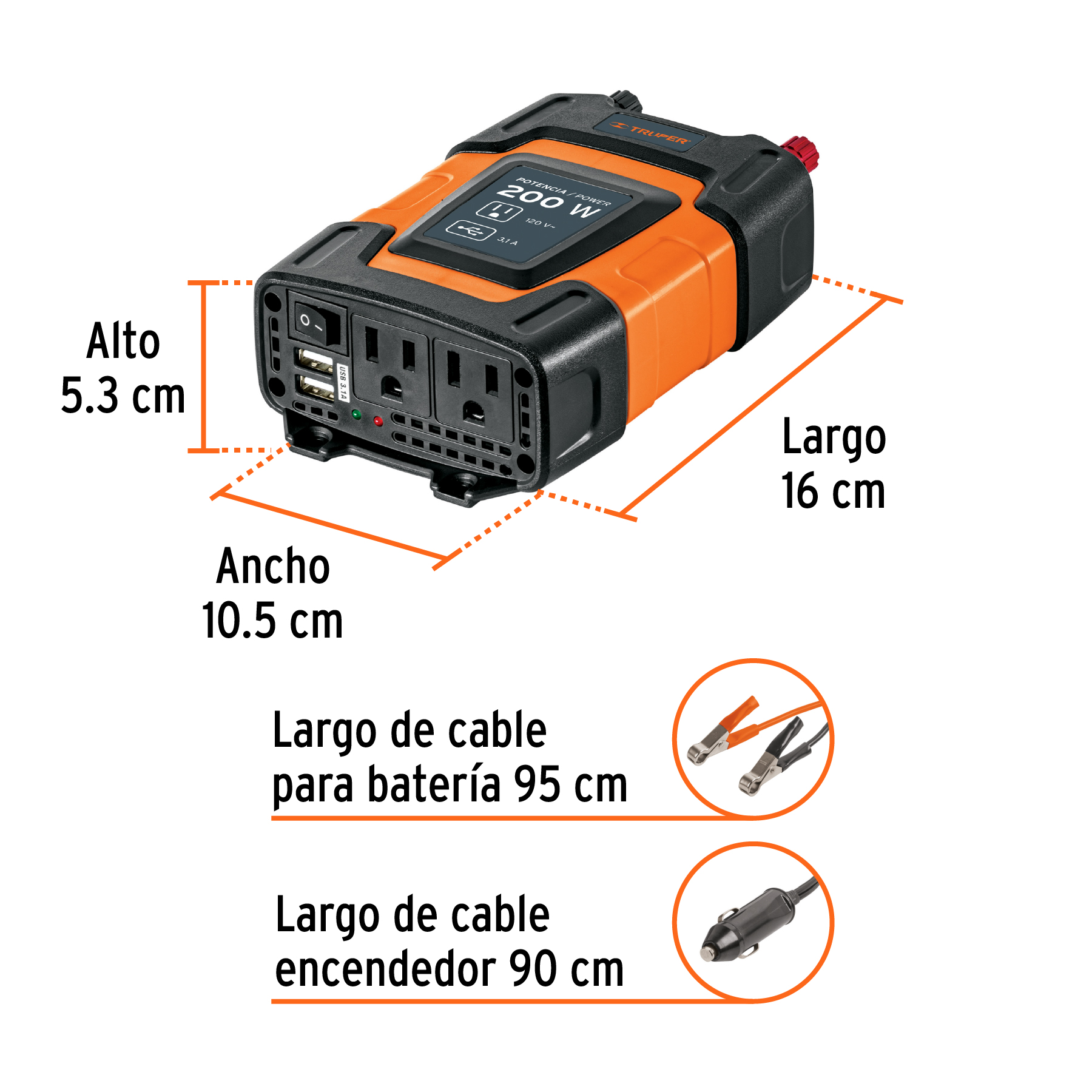 Inversor de corriente de 200 W con puertos USB, TRUPER TRUPER