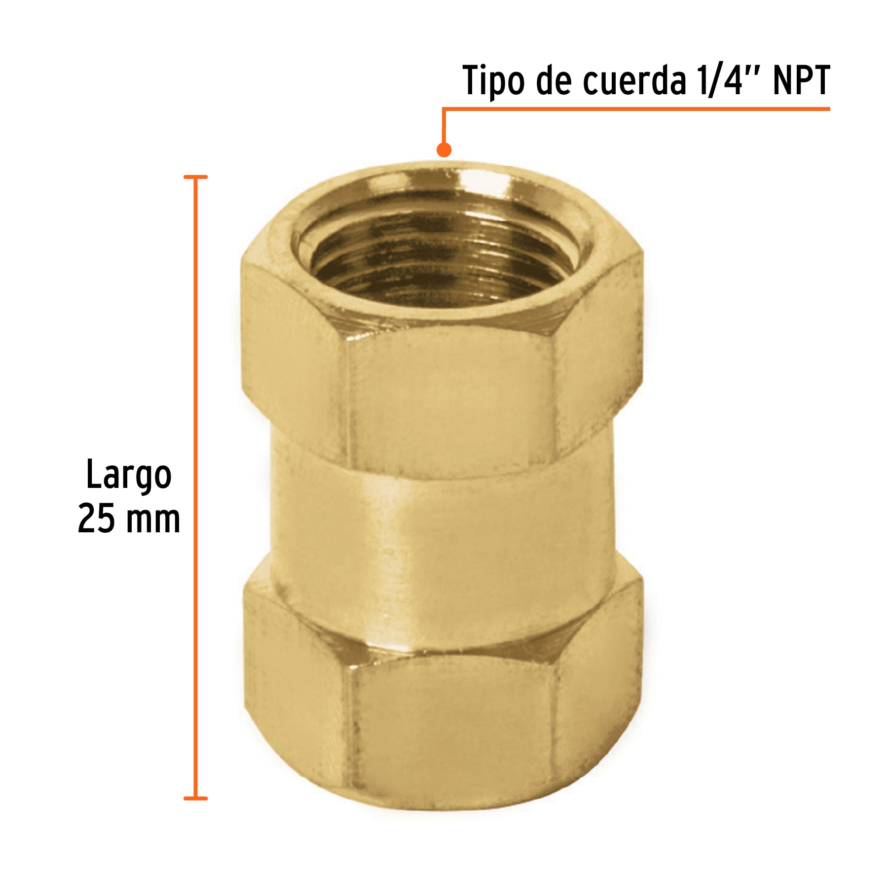 Cople de latón, hembra-hembra, cuerda 1/4" NPT, TRUPER TRUPER