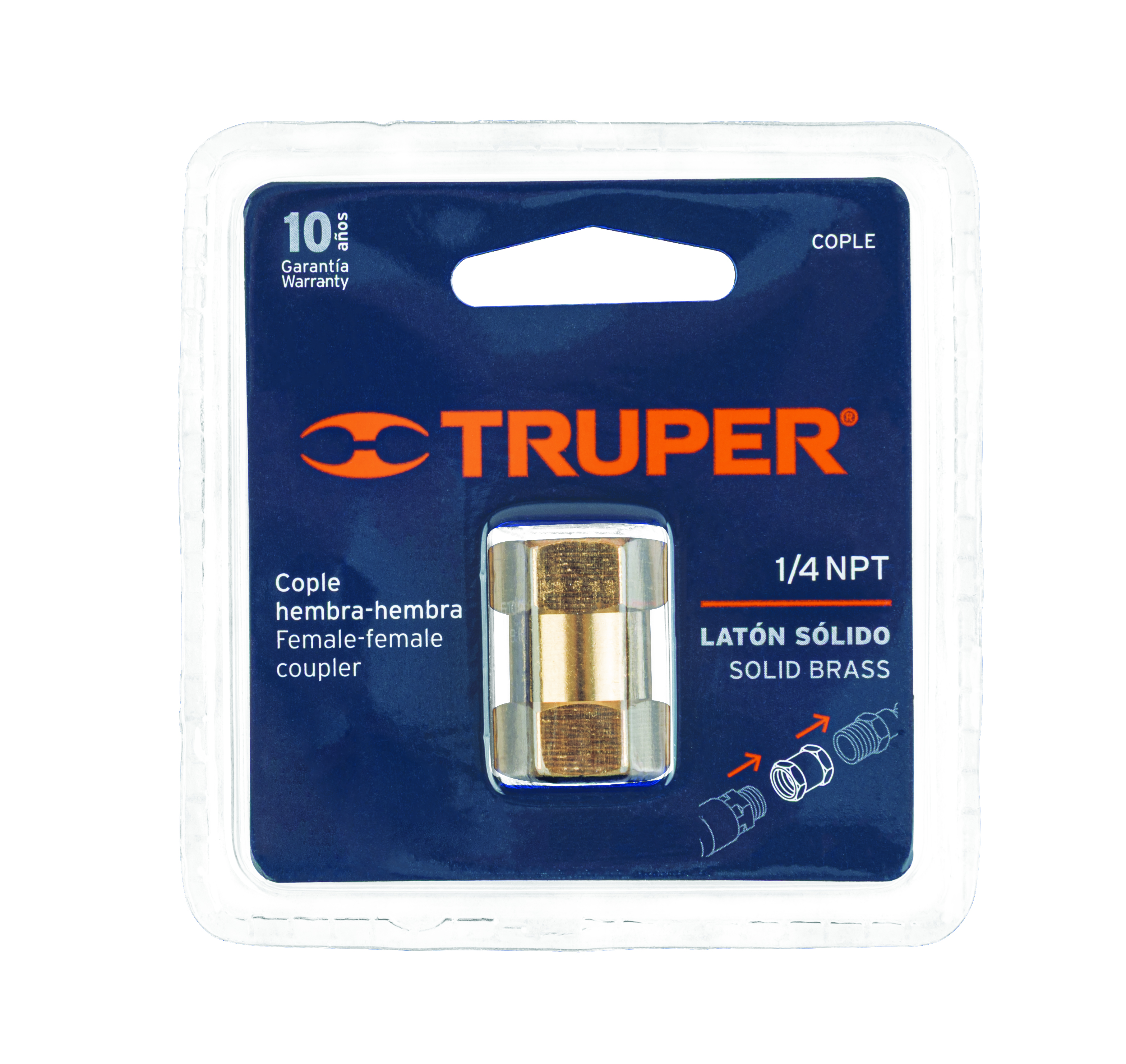 Cople de latón, hembra-hembra, cuerda 1/4" NPT, TRUPER TRUPER
