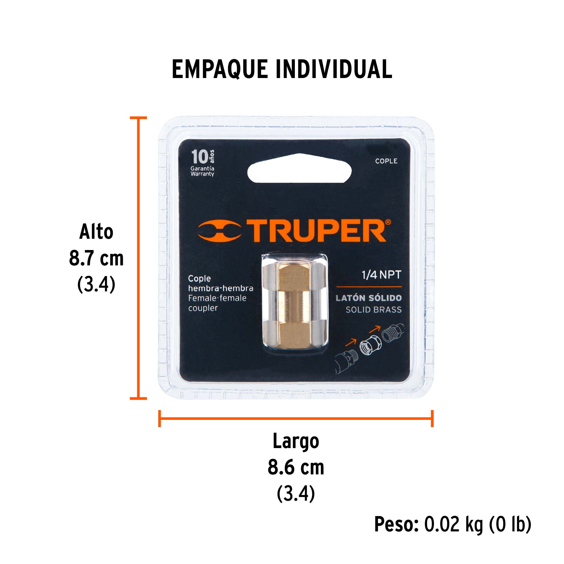 Cople de latón, hembra-hembra, cuerda 1/4" NPT, TRUPER TRUPER