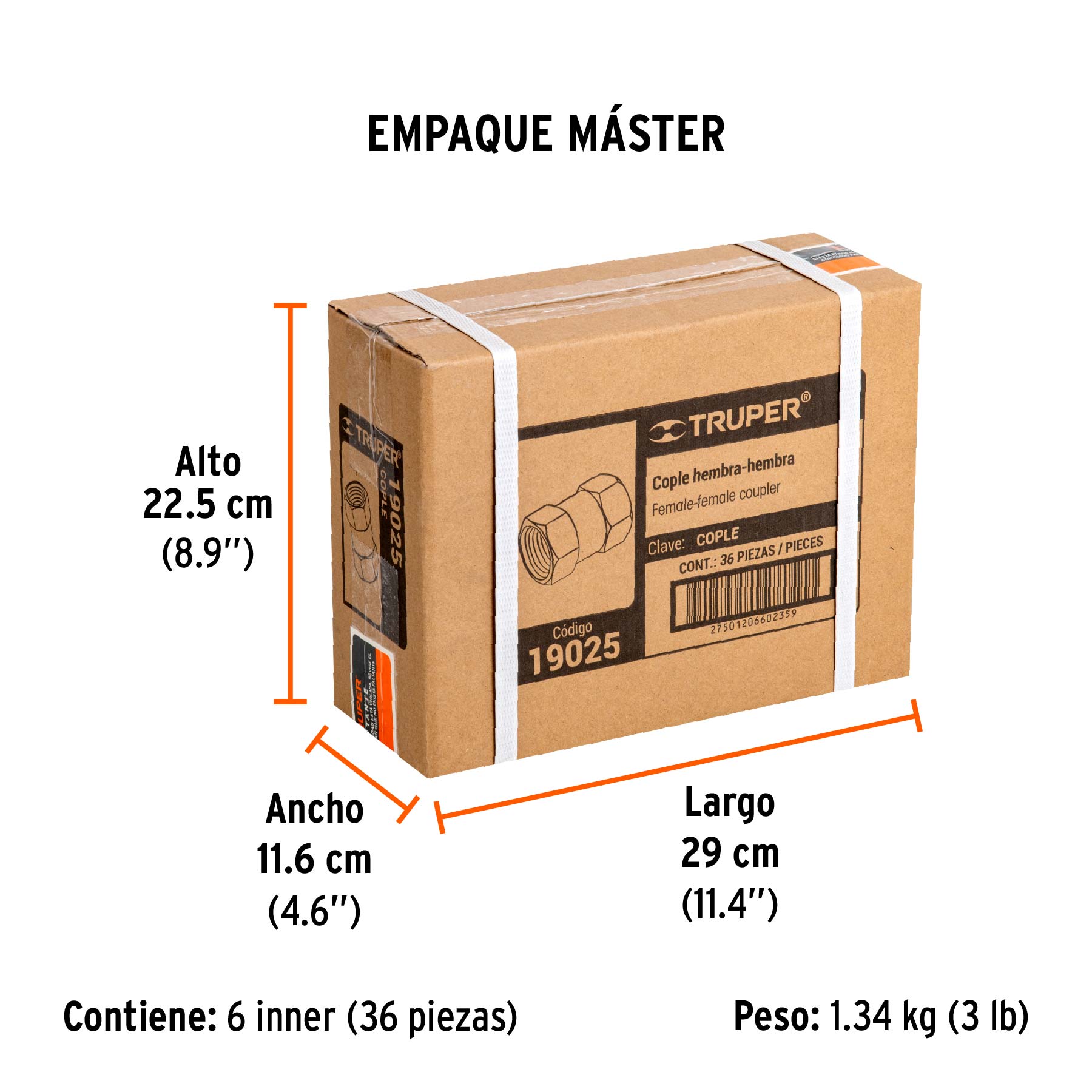 Cople de latón, hembra-hembra, cuerda 1/4" NPT, TRUPER TRUPER