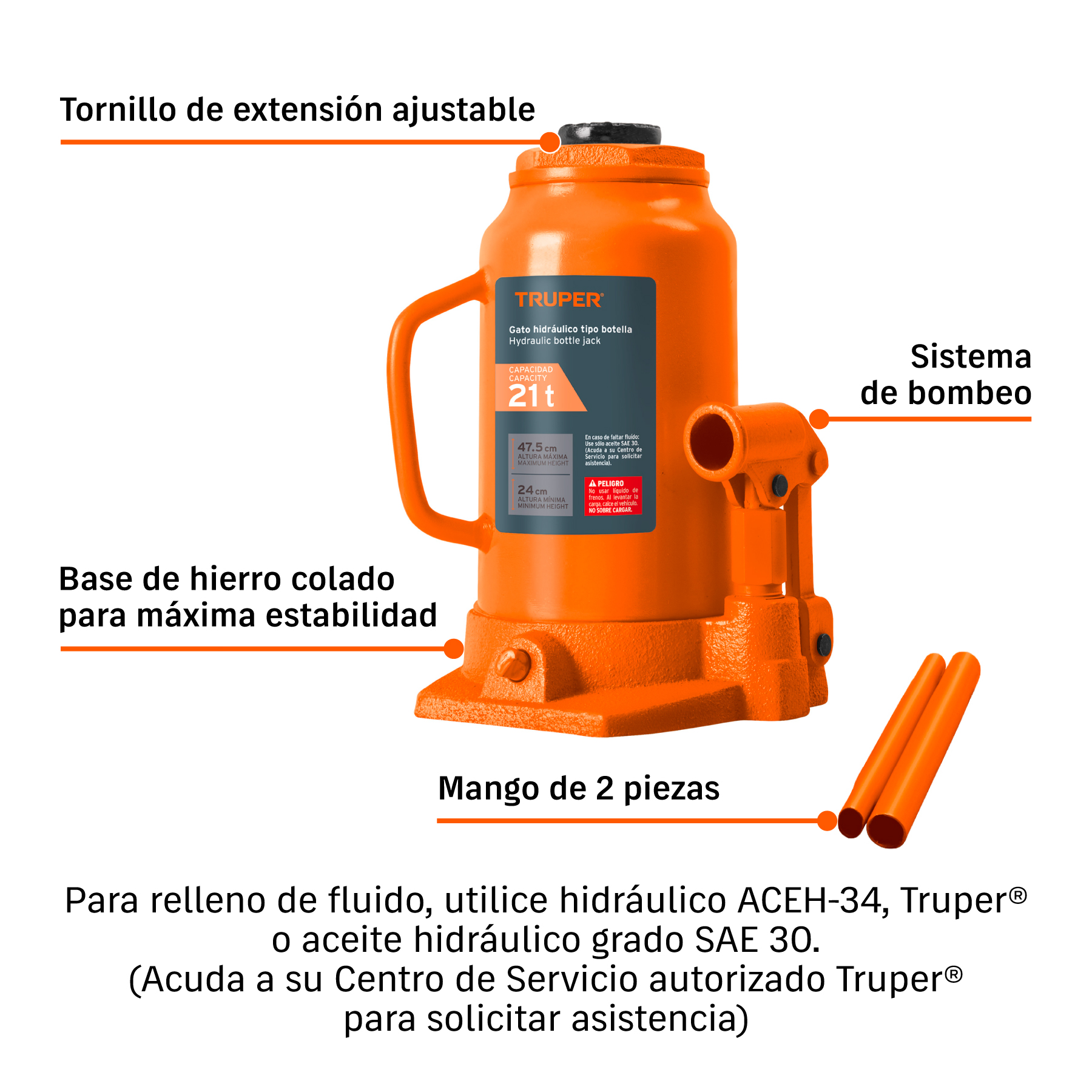 Gato hidráulico de botella de 21 Ton, TRUPER TRUPER