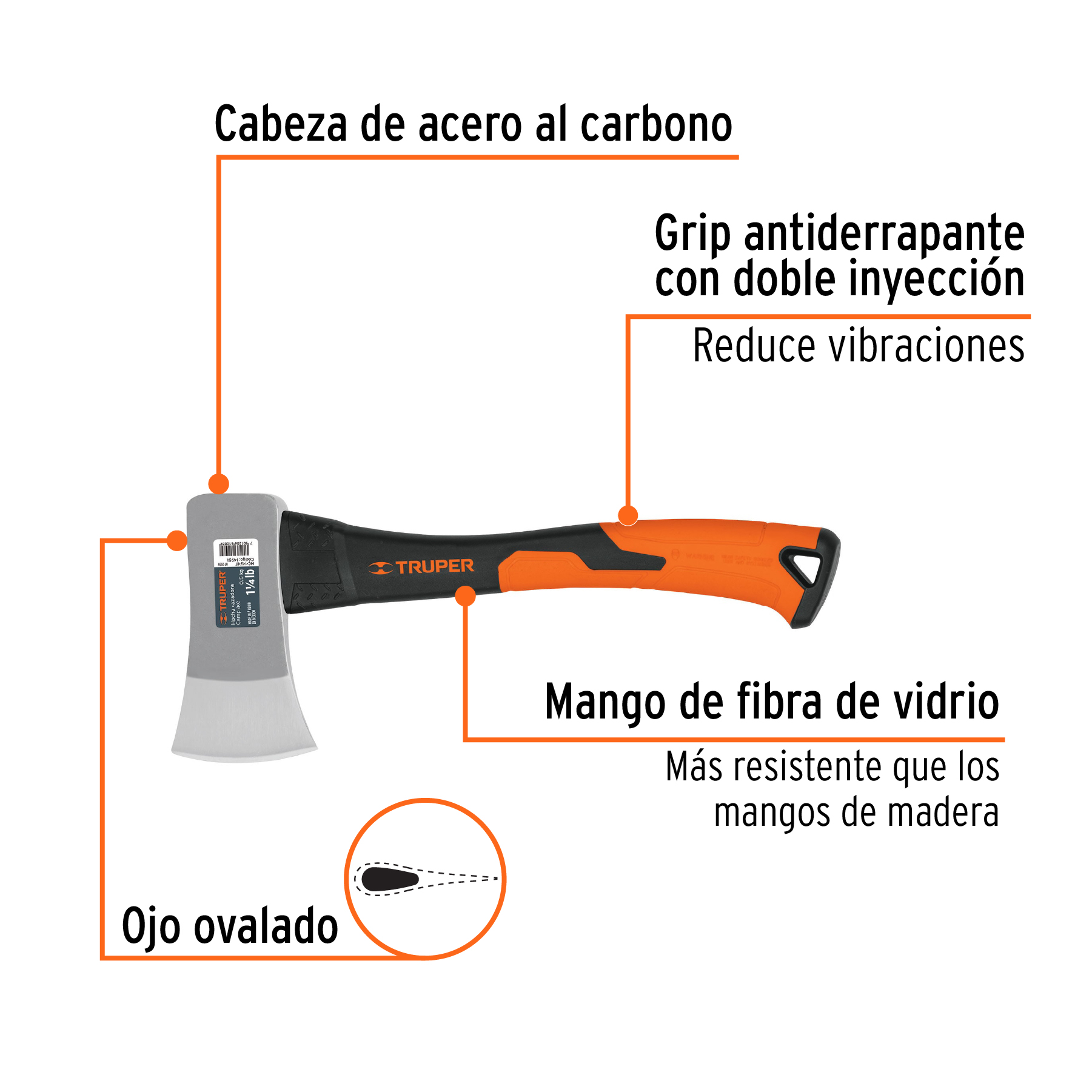 Hacha cazadora 1-1/4 lb, mango fibra de vidrio 14", TRUPER TRUPER