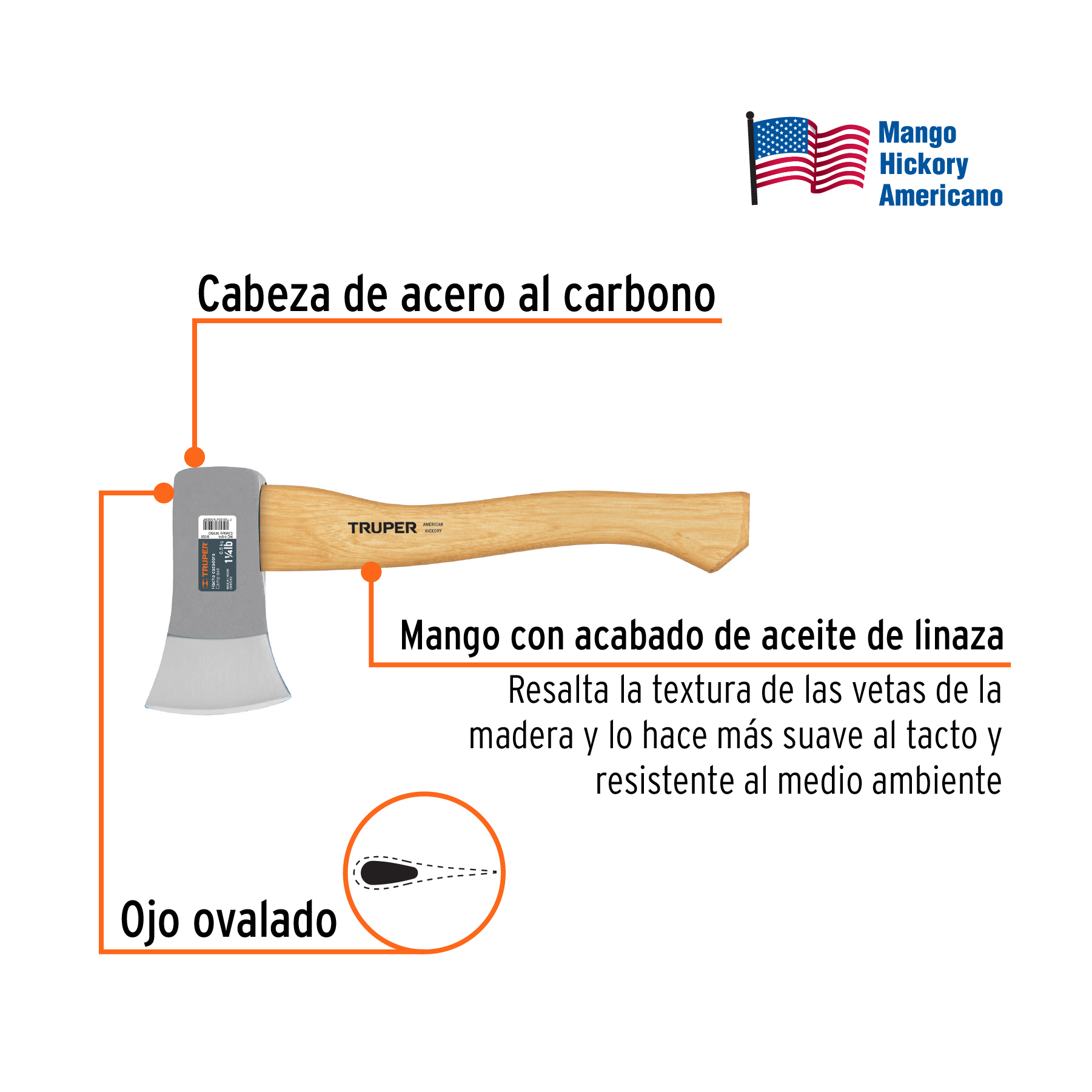 Hacha cazadora 1-1/4 lb, mango hickory 14", TRUPER TRUPER