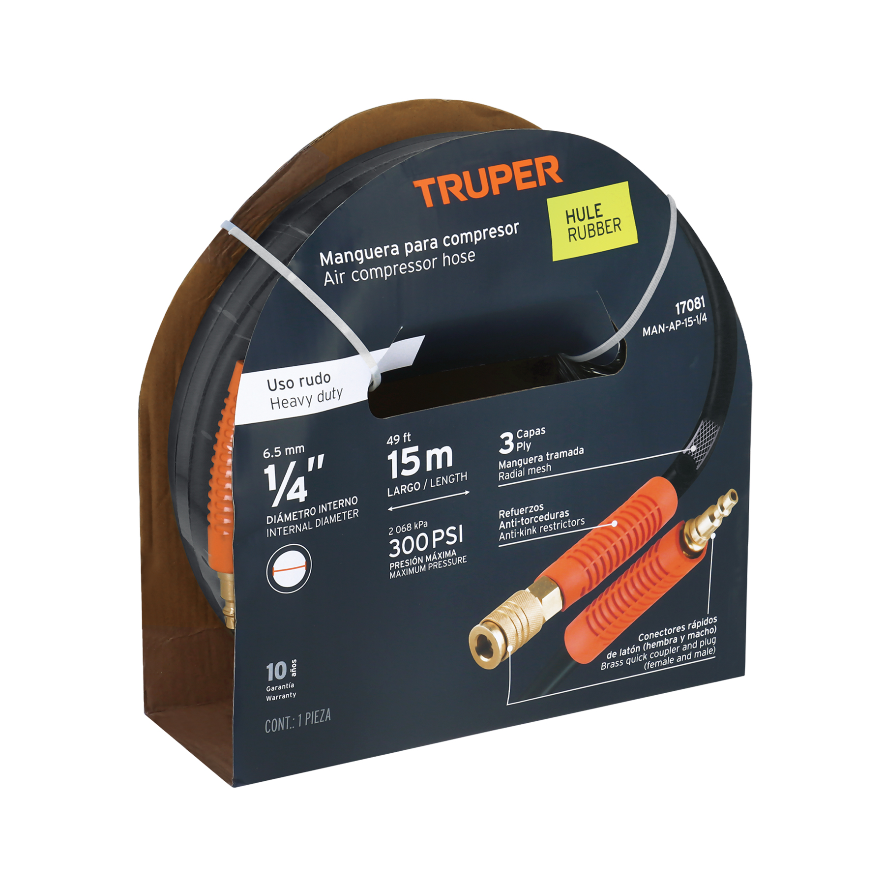 Manguera para compresor, de hule, 15m x 1/4", TRUPER TRUPER