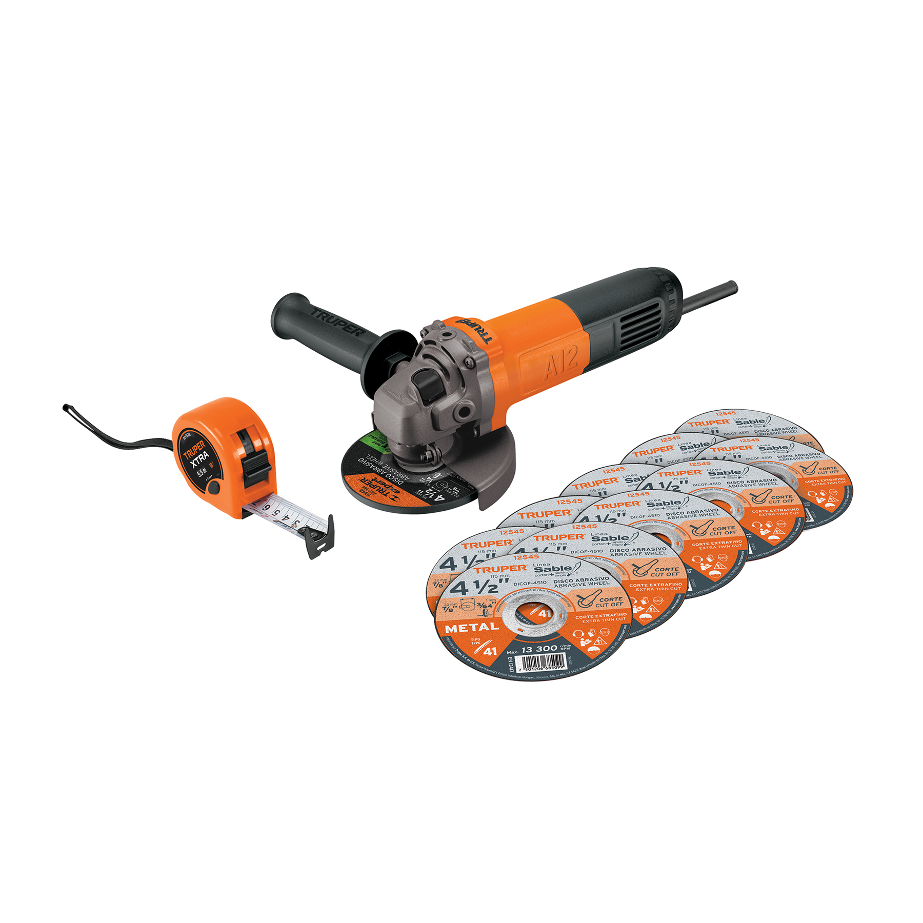 Combo esmeriladora 4-1/2", 700W, discos y flexómetro, PRO TRUPER