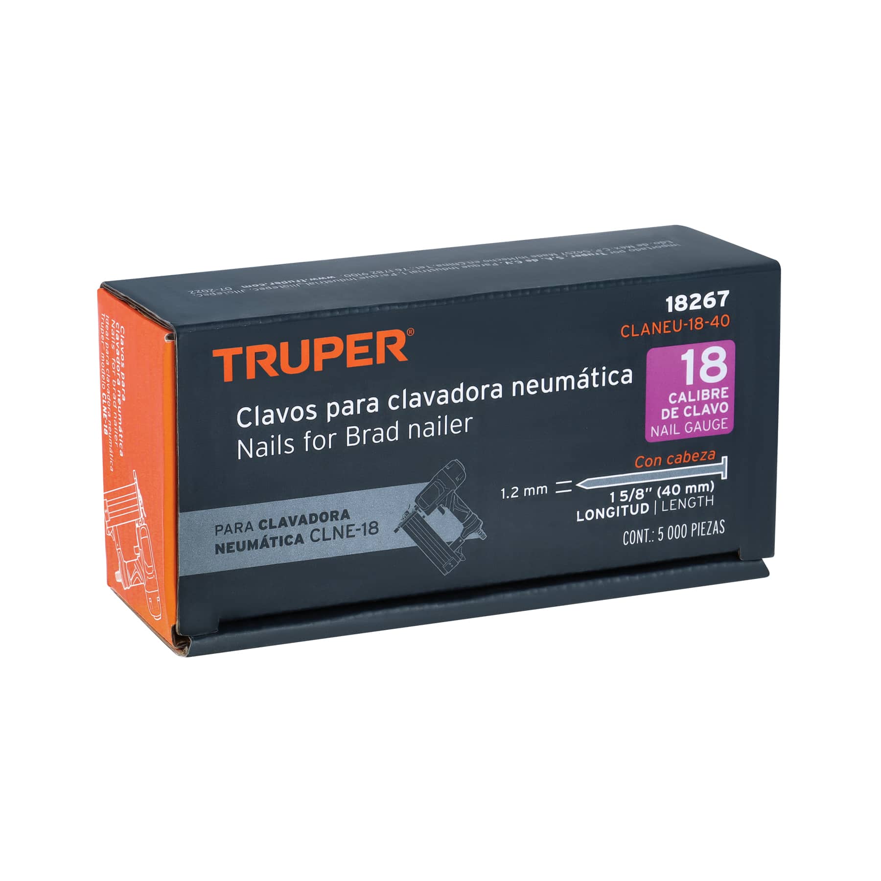 Caja con 5000 clavos calibre 18, 40 mm para CLNE-18, TRUPER TRUPER