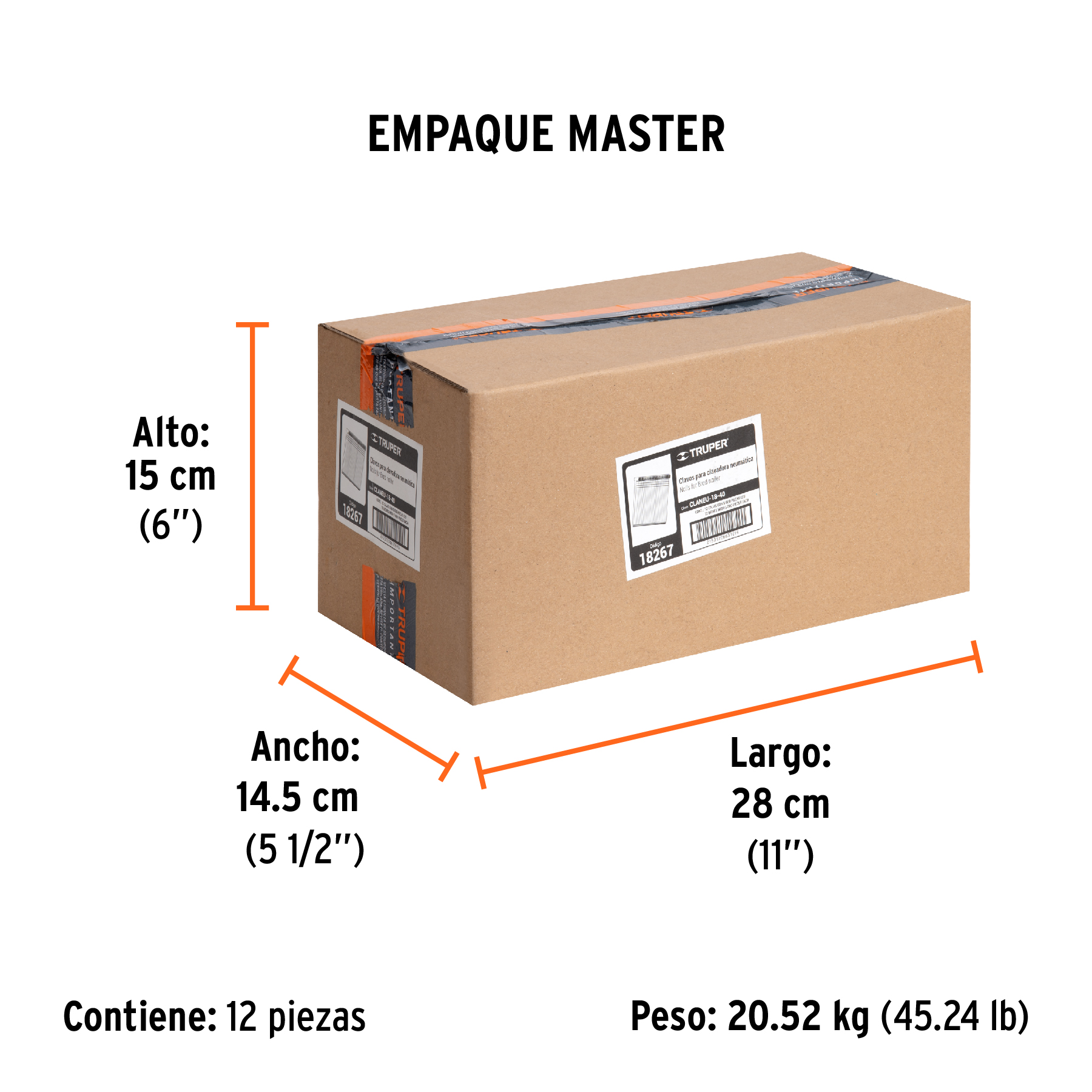 Caja con 5000 clavos calibre 18, 40 mm para CLNE-18, TRUPER TRUPER