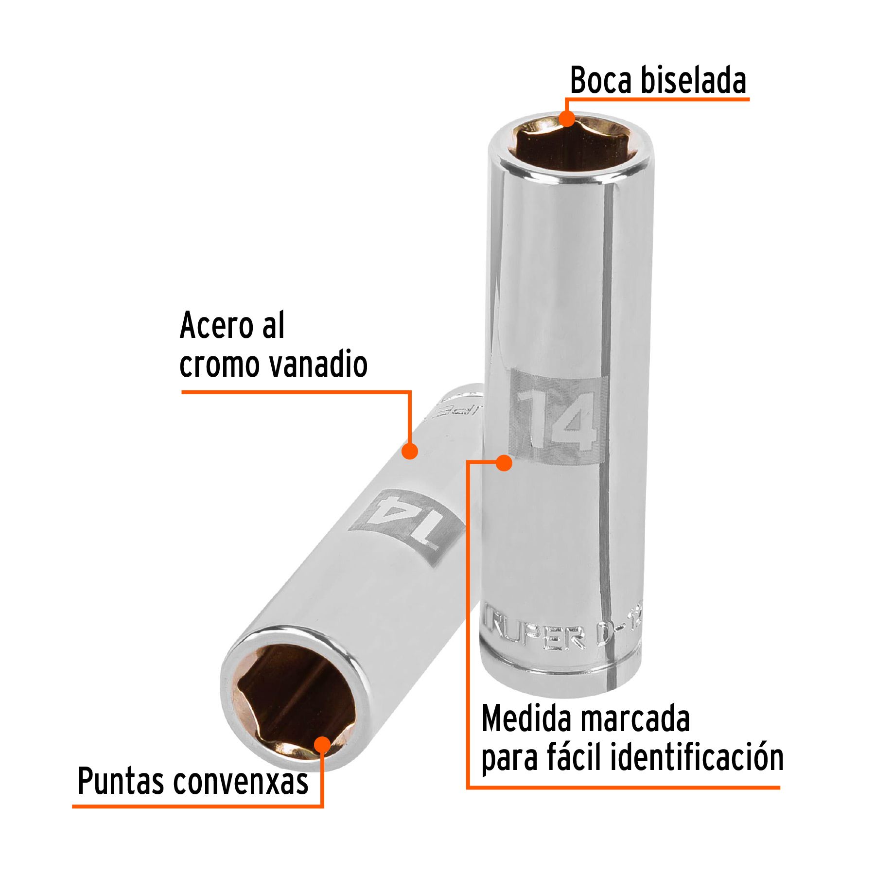 Dado largo de 14 mm, 6 puntas, cuadro 1/2", TRUPER TRUPER
