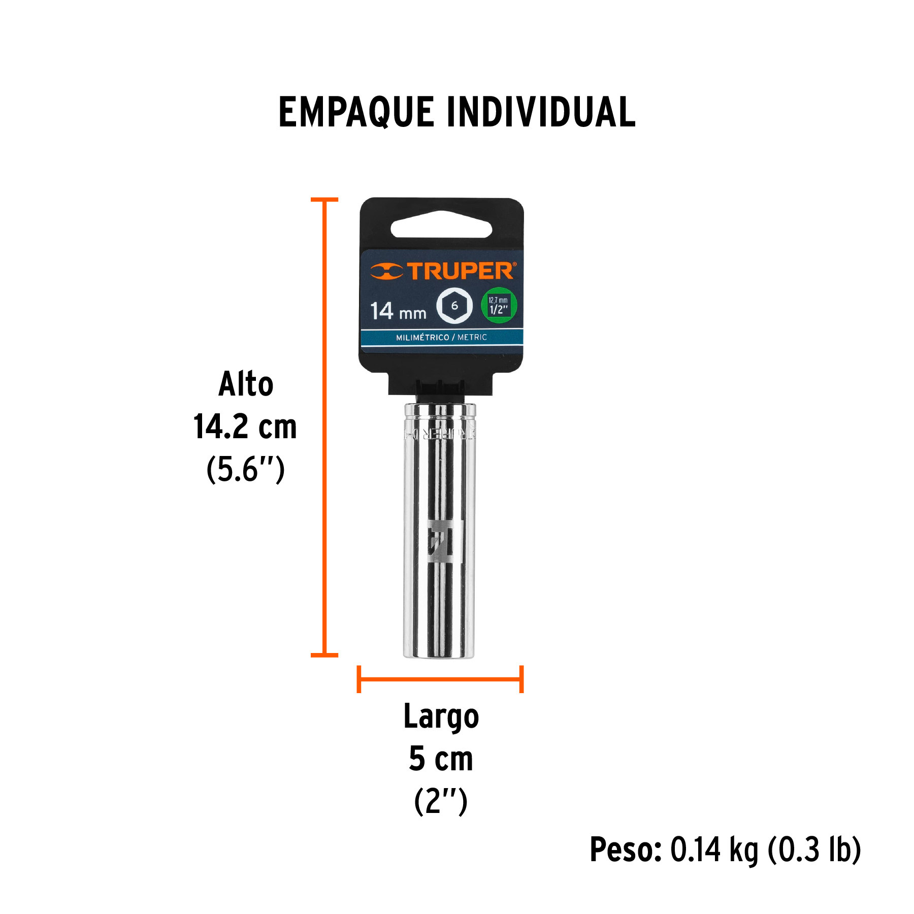 Dado largo de 14 mm, 6 puntas, cuadro 1/2", TRUPER TRUPER