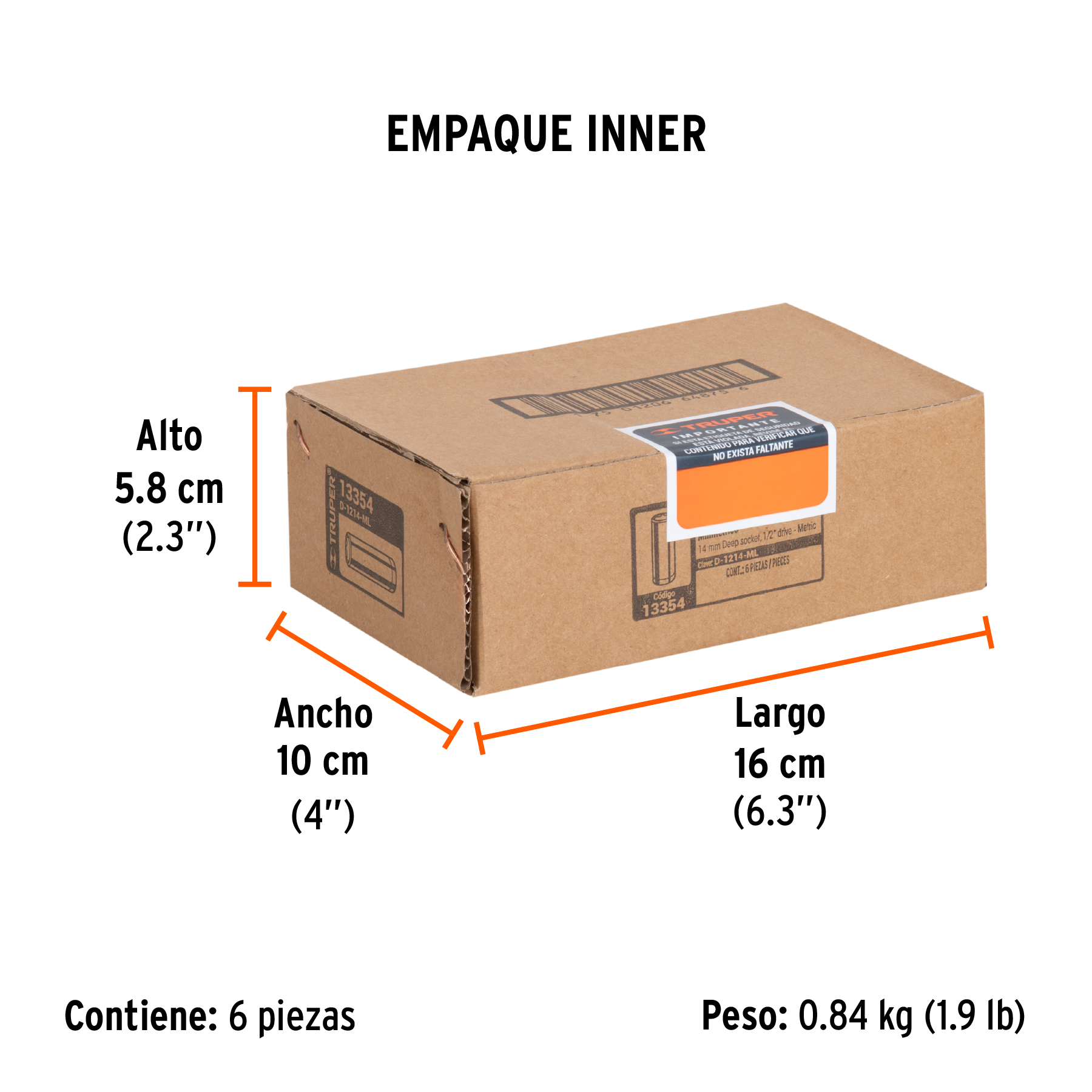Dado largo de 14 mm, 6 puntas, cuadro 1/2", TRUPER TRUPER
