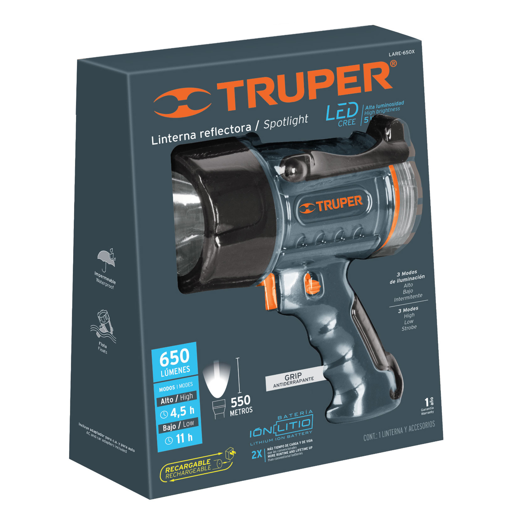 Lámpara recargable de led alta potencia, 650 lm, 5 W TRUPER