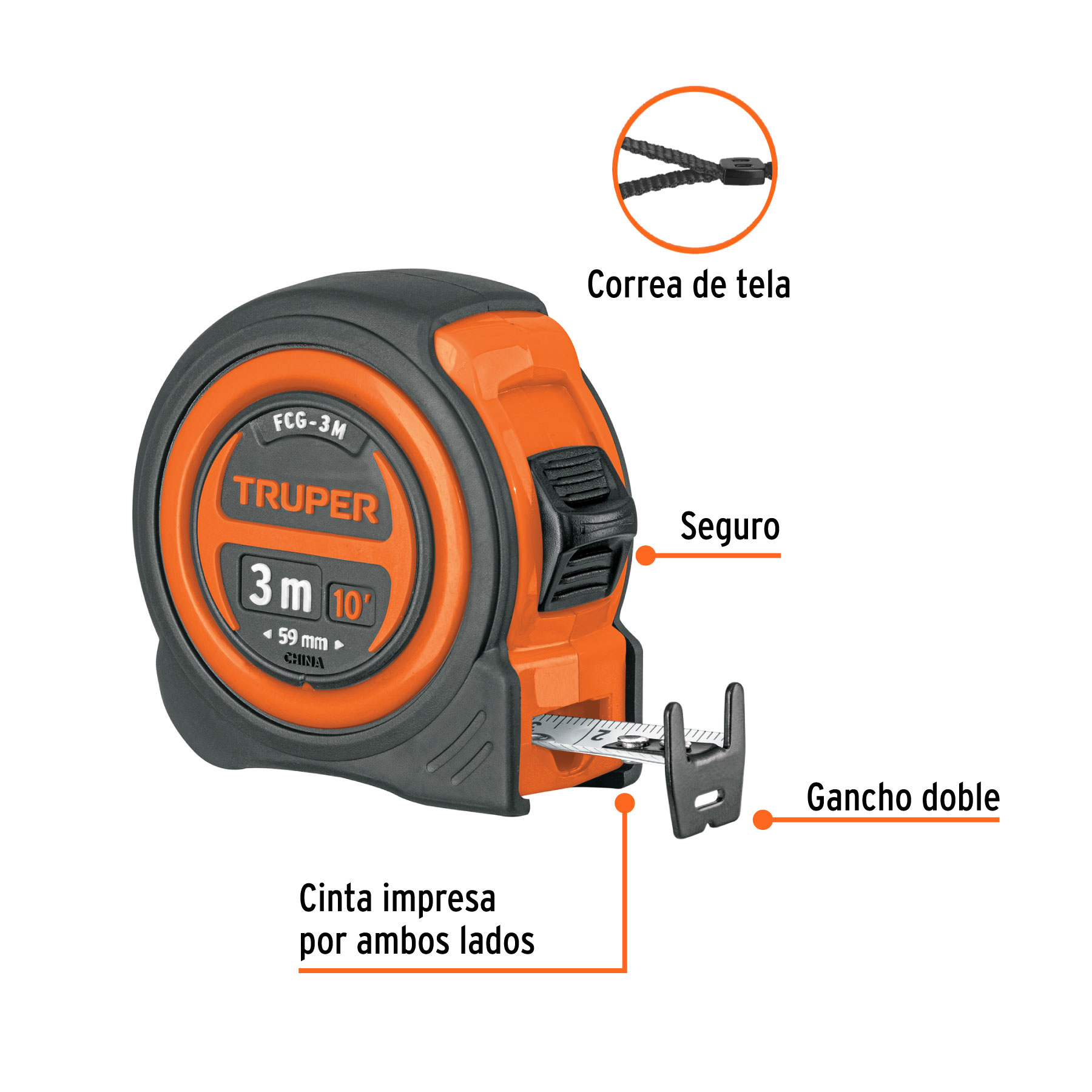 Flexómetro compacto contra impactos 3 m cinta 16 mm, TRUPER TRUPER