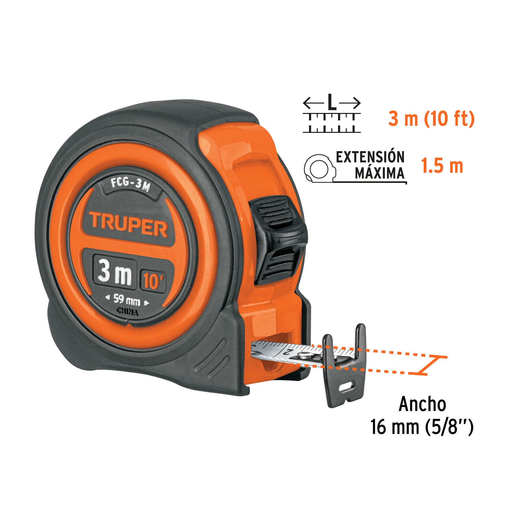 Flexómetro compacto contra impactos 3 m cinta 16 mm, TRUPER TRUPER