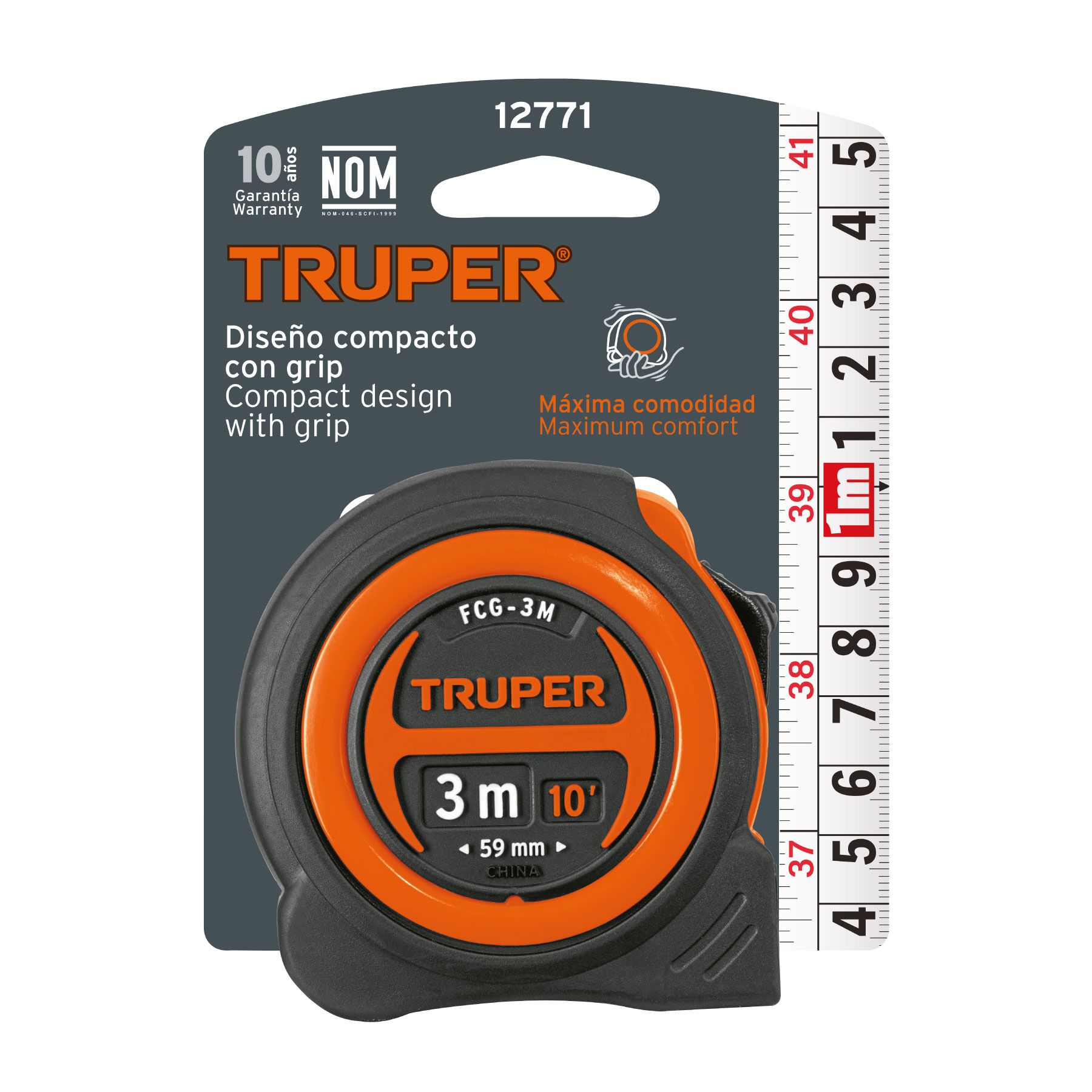 Flexómetro compacto contra impactos 3 m cinta 16 mm, TRUPER TRUPER
