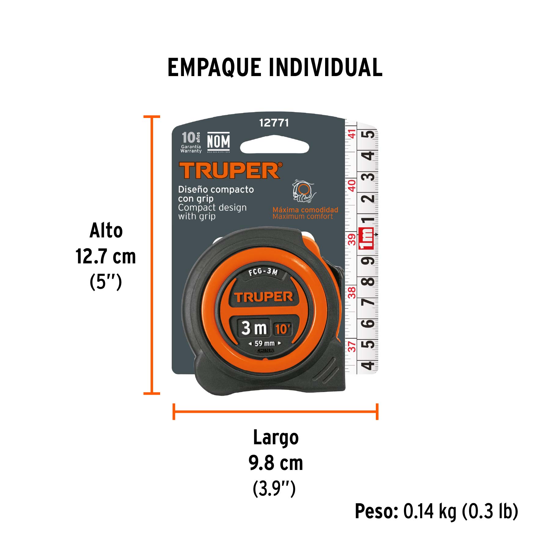 Flexómetro compacto contra impactos 3 m cinta 16 mm, TRUPER TRUPER