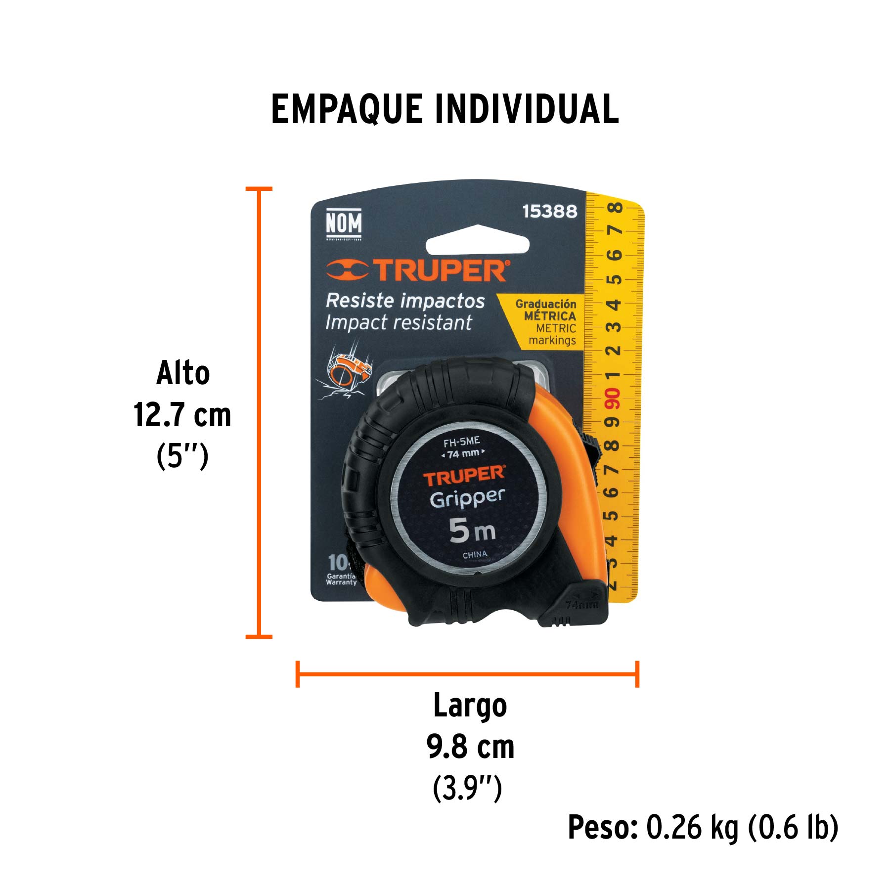 Flexómetro contra impactos 5 m cinta 19 mm grad. métrica TRUPER