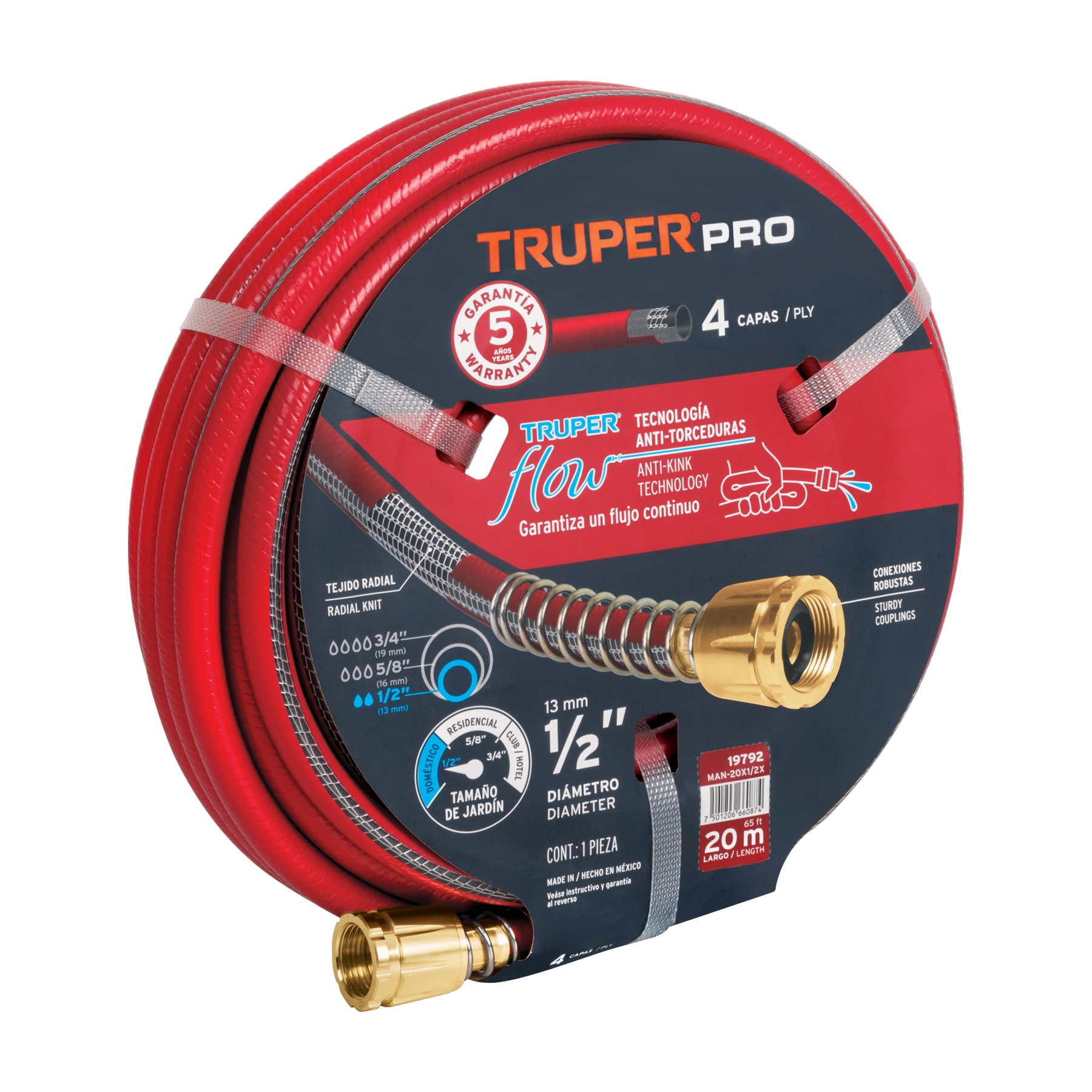 Manguera 1/2" super reforzada 4 capas 20 m conexiones metal TRUPER