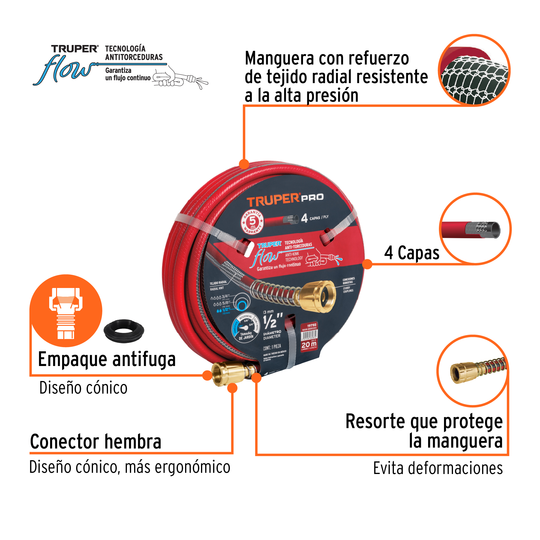 Manguera 1/2" super reforzada 4 capas 20 m conexiones metal TRUPER