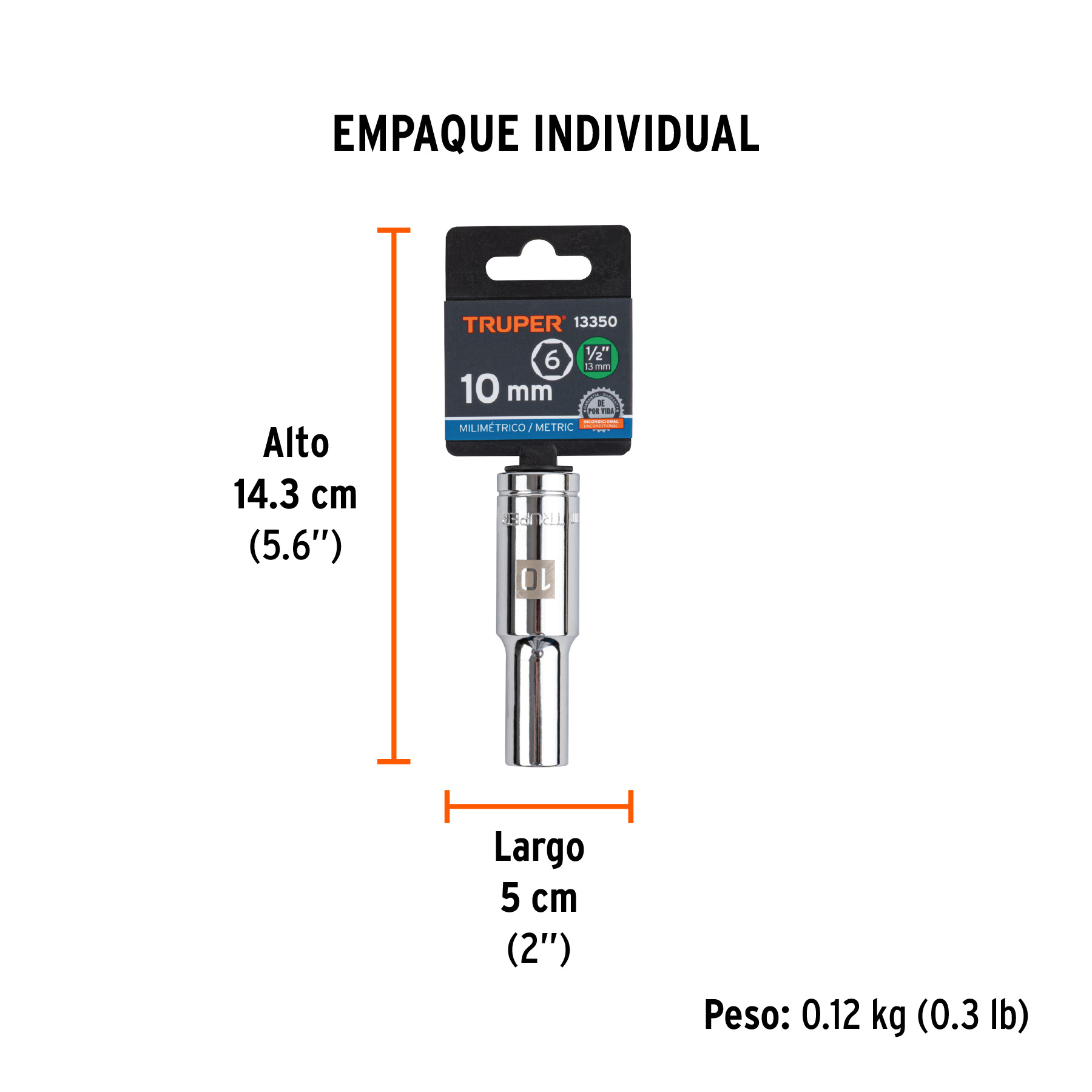 Dado largo de 10 mm, 6 puntas, cuadro 1/2", TRUPER TRUPER