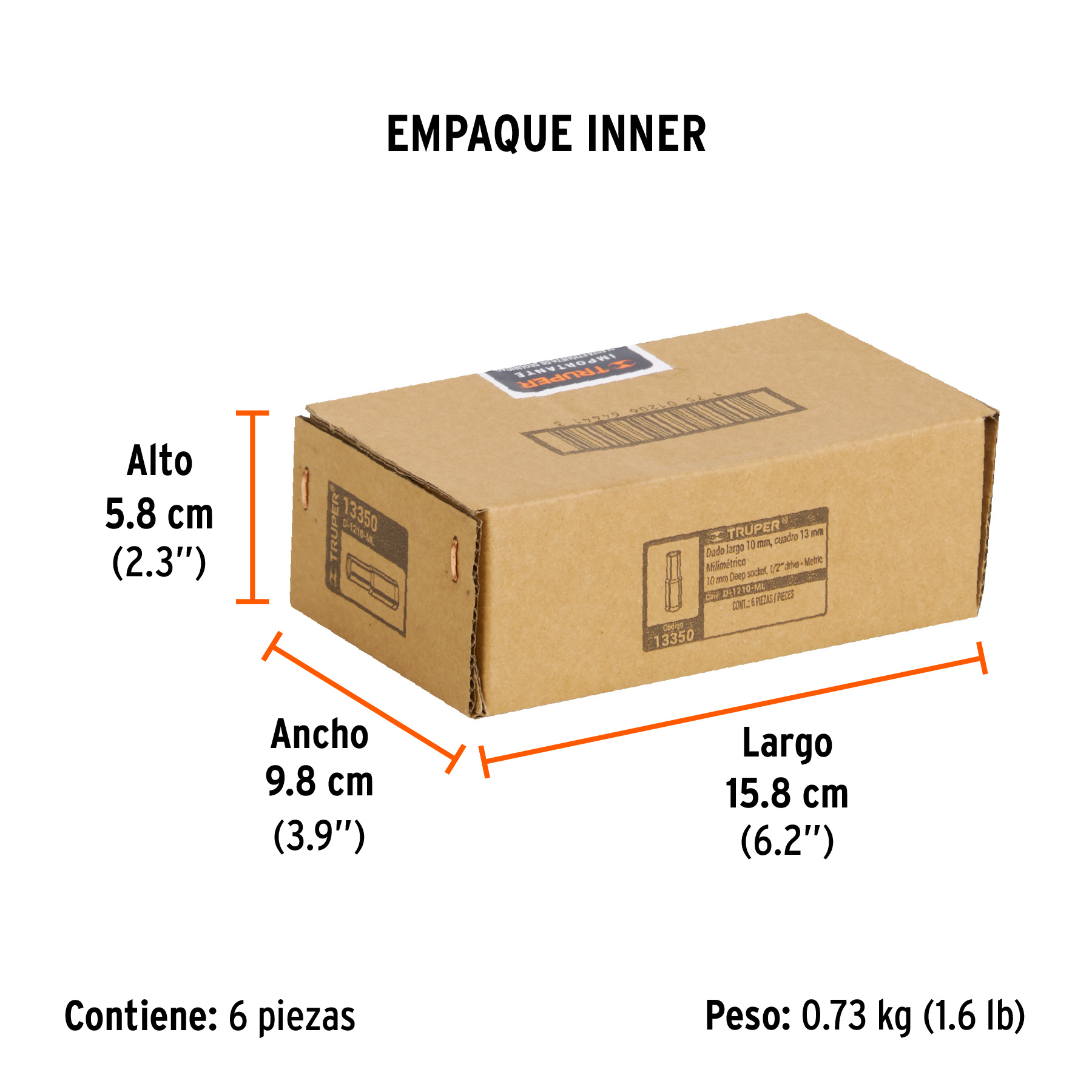 Dado largo de 10 mm, 6 puntas, cuadro 1/2", TRUPER TRUPER
