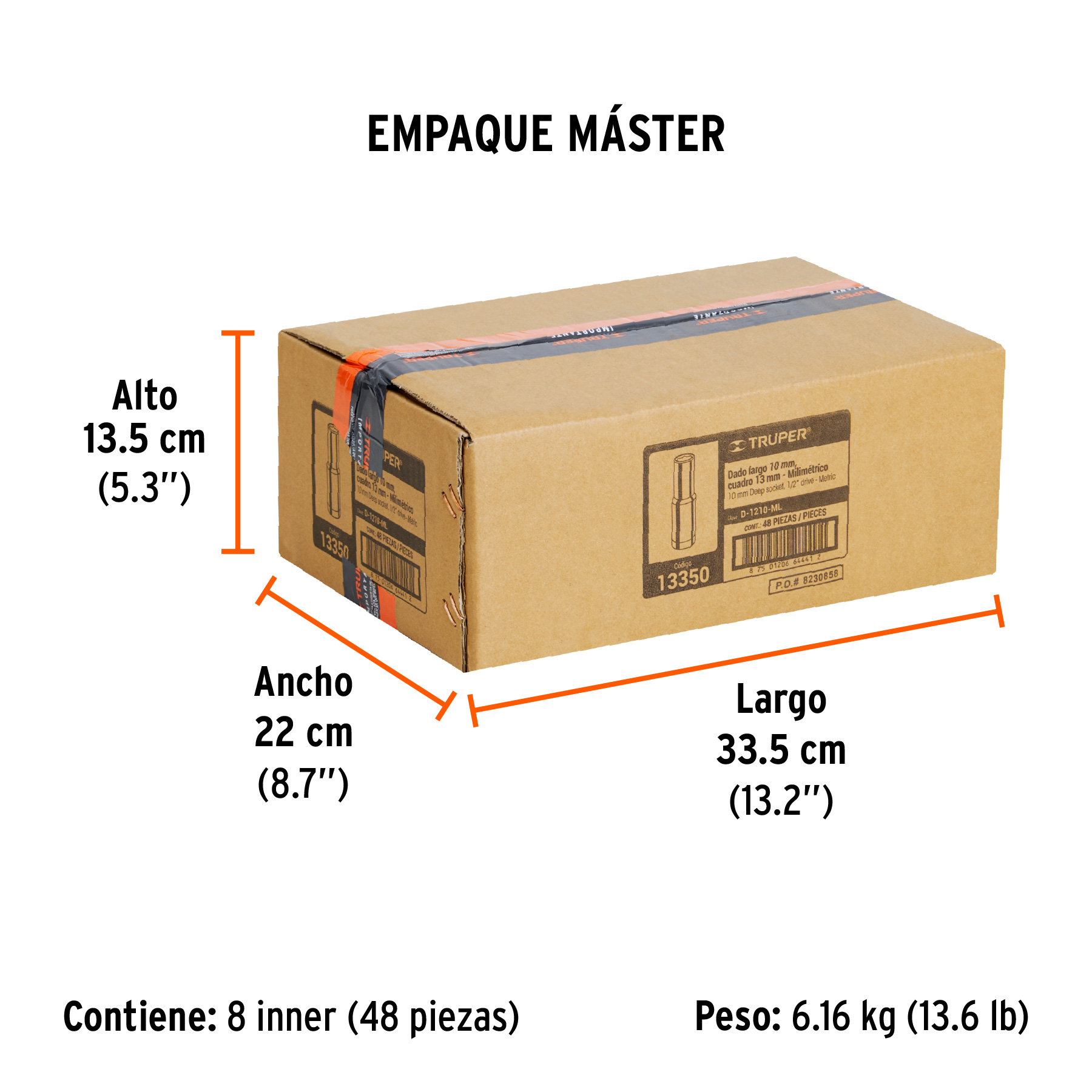 Dado largo de 10 mm, 6 puntas, cuadro 1/2", TRUPER TRUPER