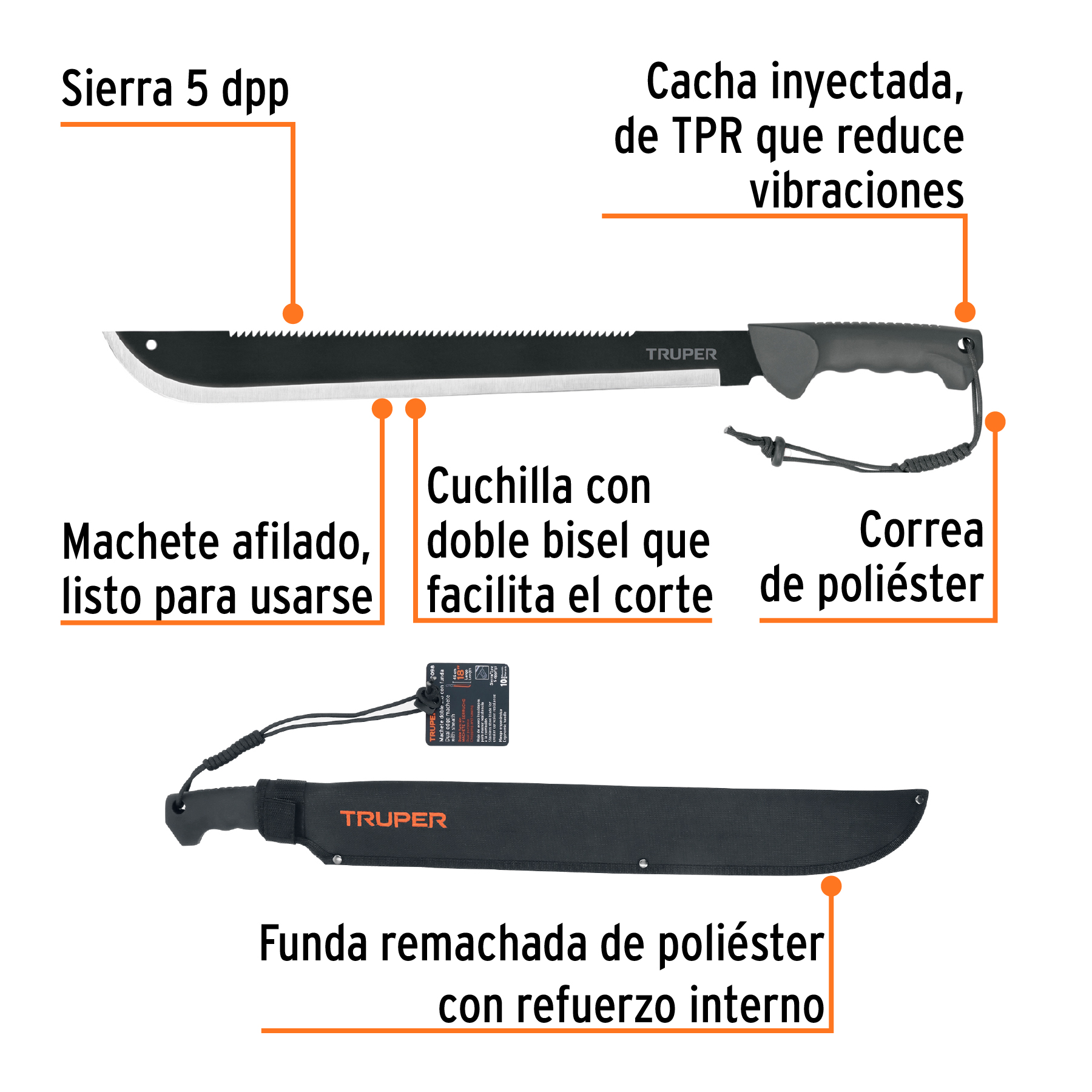 Machete doble filo 18", cacha inyectada, con funda, TRUPER TRUPER