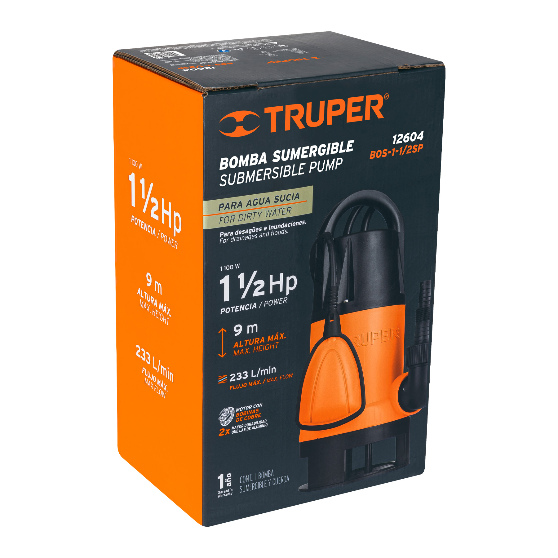Bomba sumergible plástica, 1-1/2 HP para agua sucia, TRUPER TRUPER