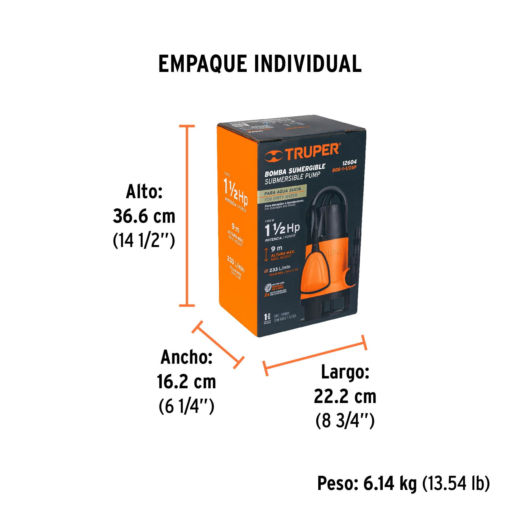 Bomba sumergible plástica, 1-1/2 HP para agua sucia, TRUPER TRUPER