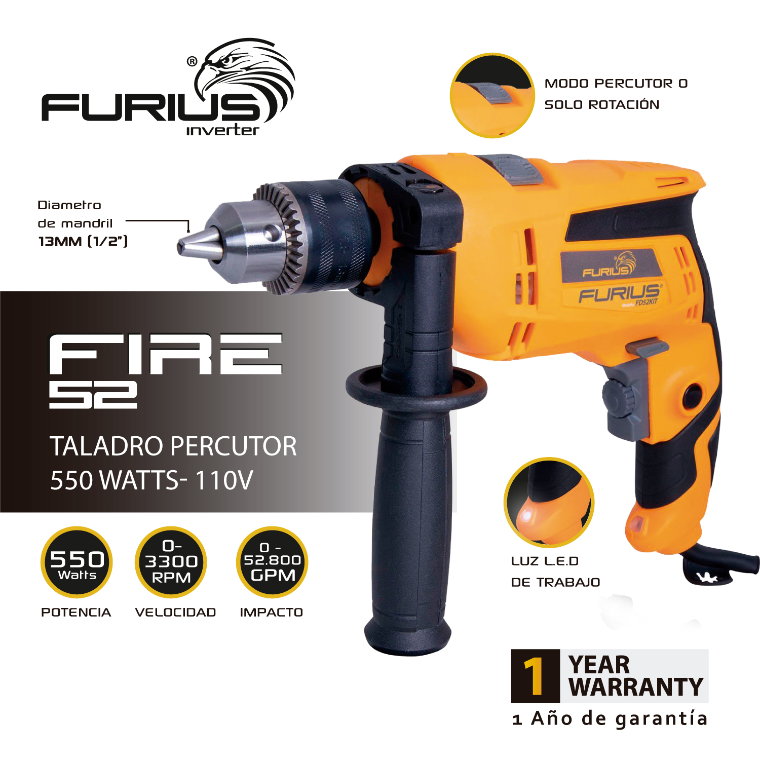 Taladro Percutor 550W VVR de 1/2” (13mm) 3.300 RPM . FIRE 52 FURIUS