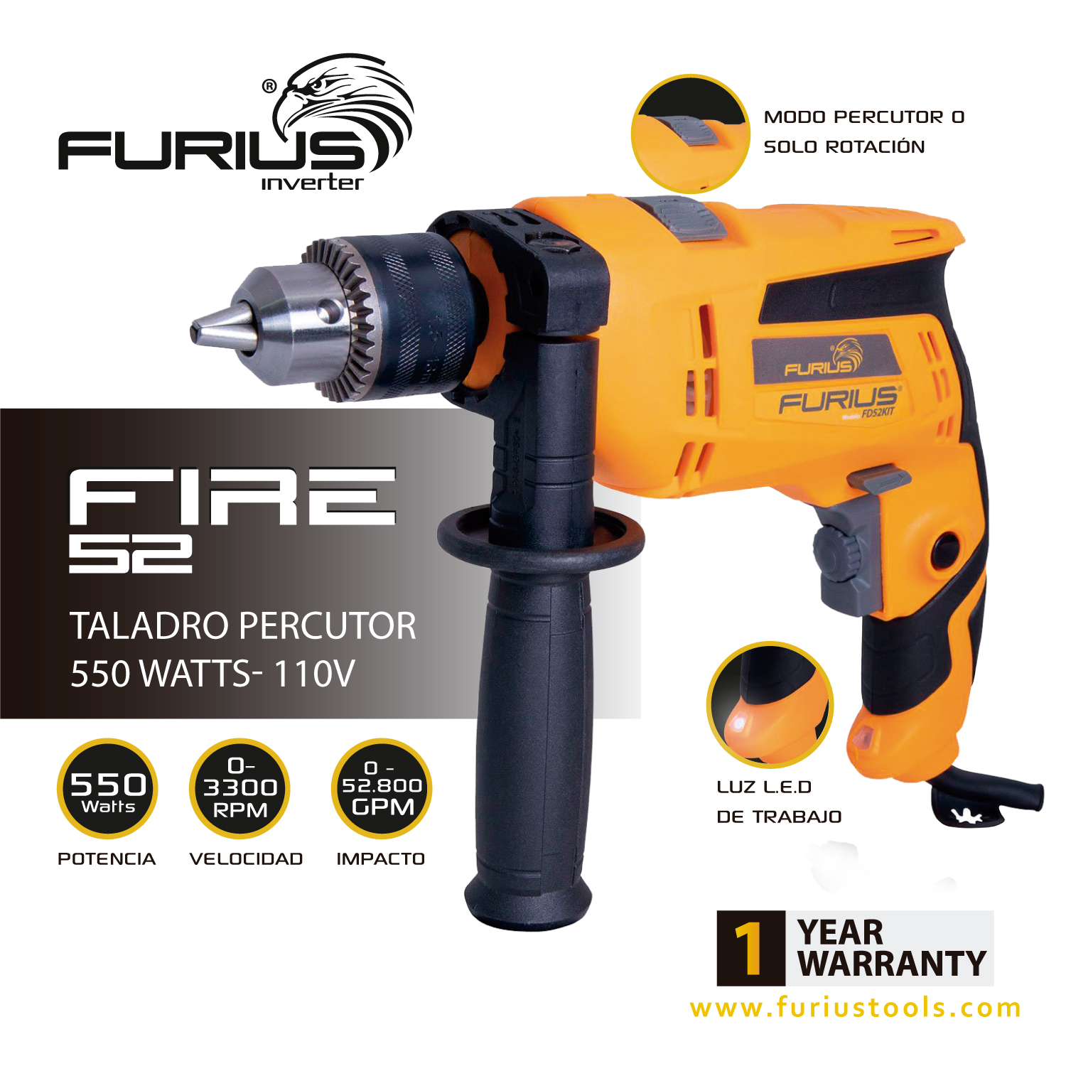 Taladro Percutor 550W VVR de 1/2” (13mm) 3.300 RPM . FIRE 52 FURIUS