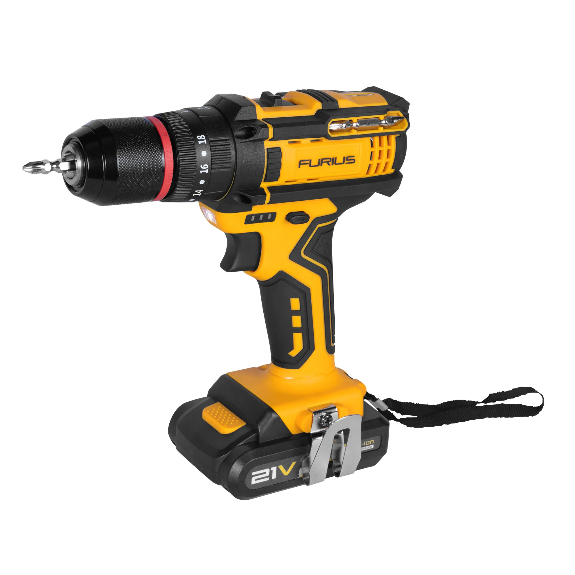 Taladro Percutor Atornillador Inalámbrico 21V de 1/2" (13mm) FURIUS con 2 Baterías, Cargador y Estuche Plástico FURIUS