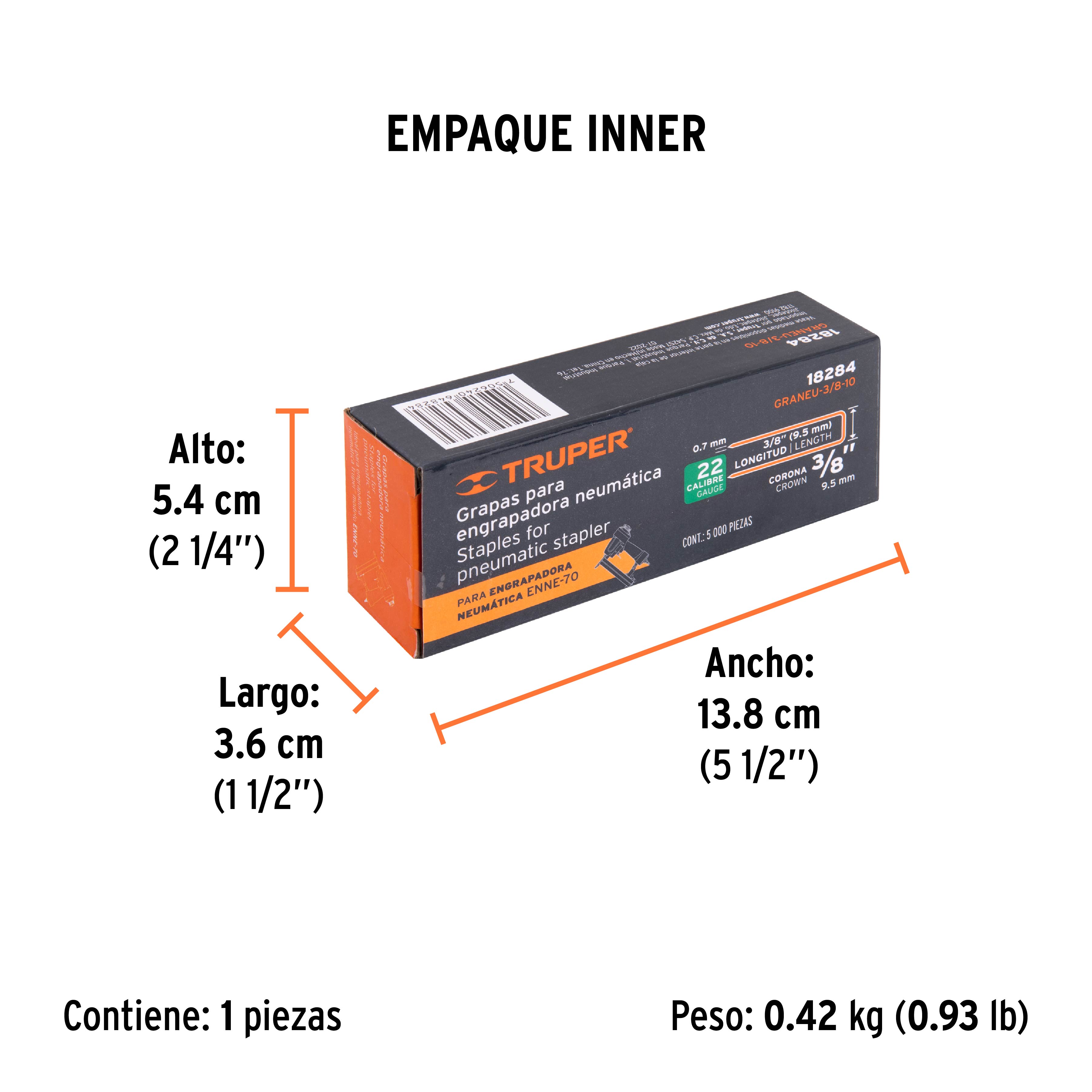 Caja con 5000 grapas corona 3/8" calibre 22, 10mm p/ENNE-70 TRUPER