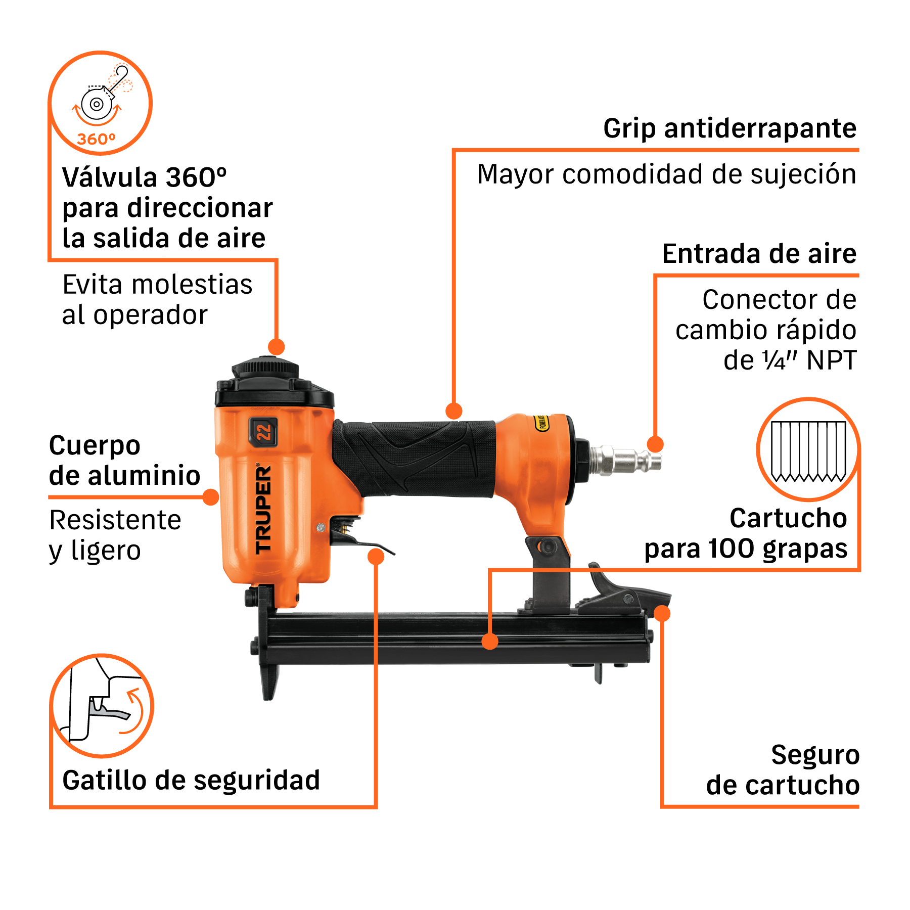 Engrapadora neumática, calibre 22, TRUPER TRUPER